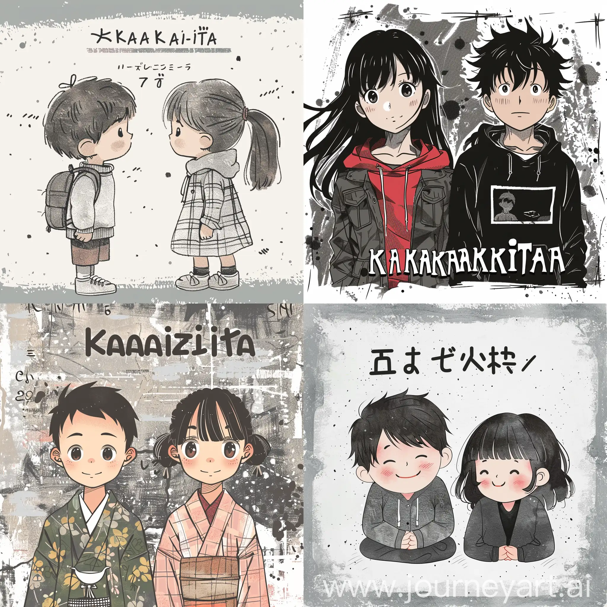 text kanakiita with boy and girl on ii font color white black and grey background