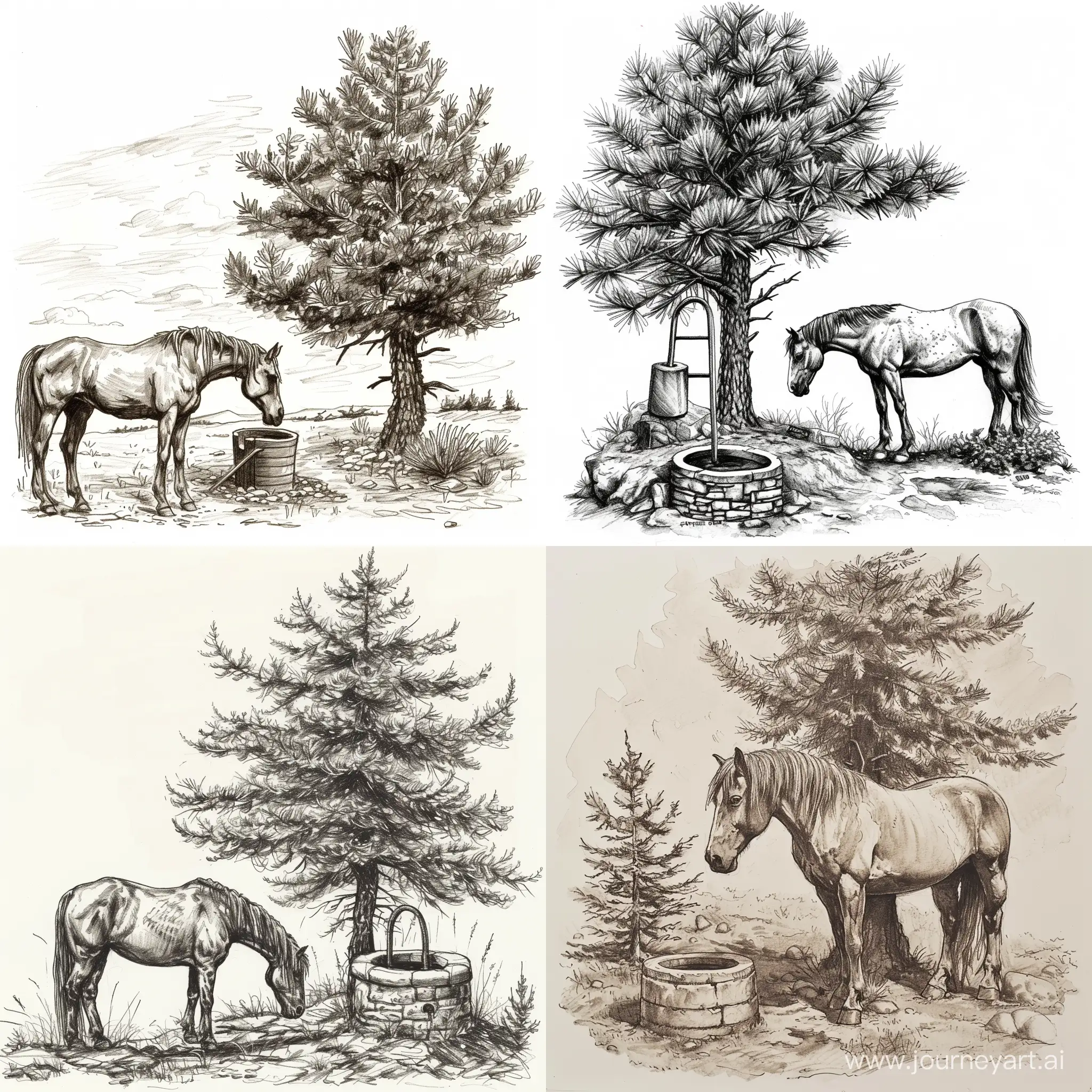 一匹老马，一颗老松树，一口水井，素描风格