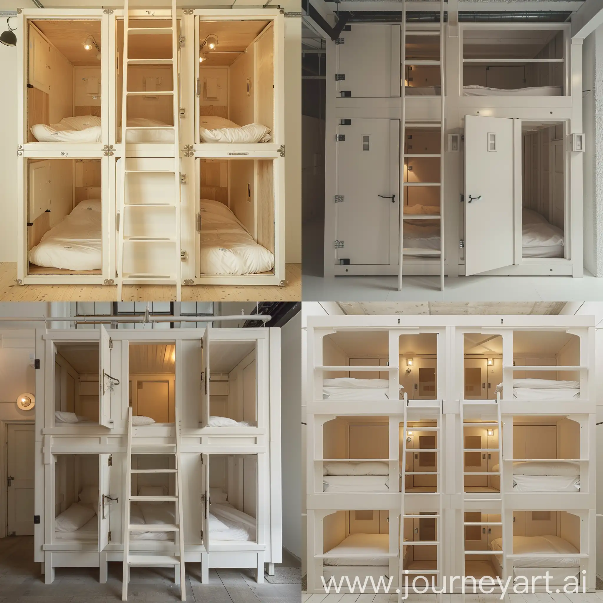 a simple closed unit design, like a Japanese capsule hotel, there is a door for each bed, there is a ladder from the floor that connects to the upper door , made of white wood.
