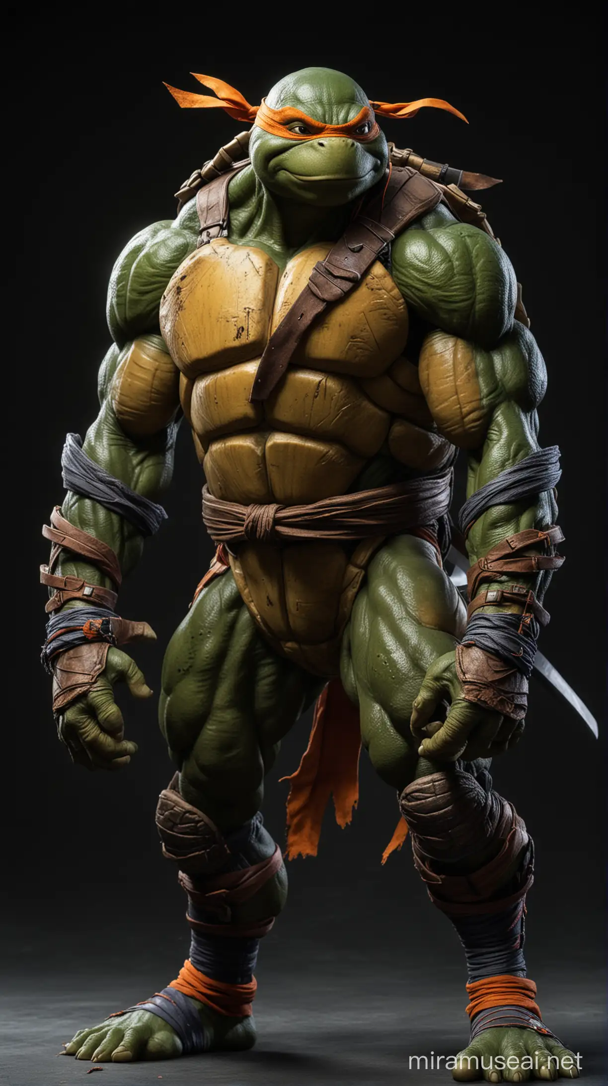 Muscular, full body,teenage ninja turtle, in an imposing position, with a dark background, but with vibrant colors on its body