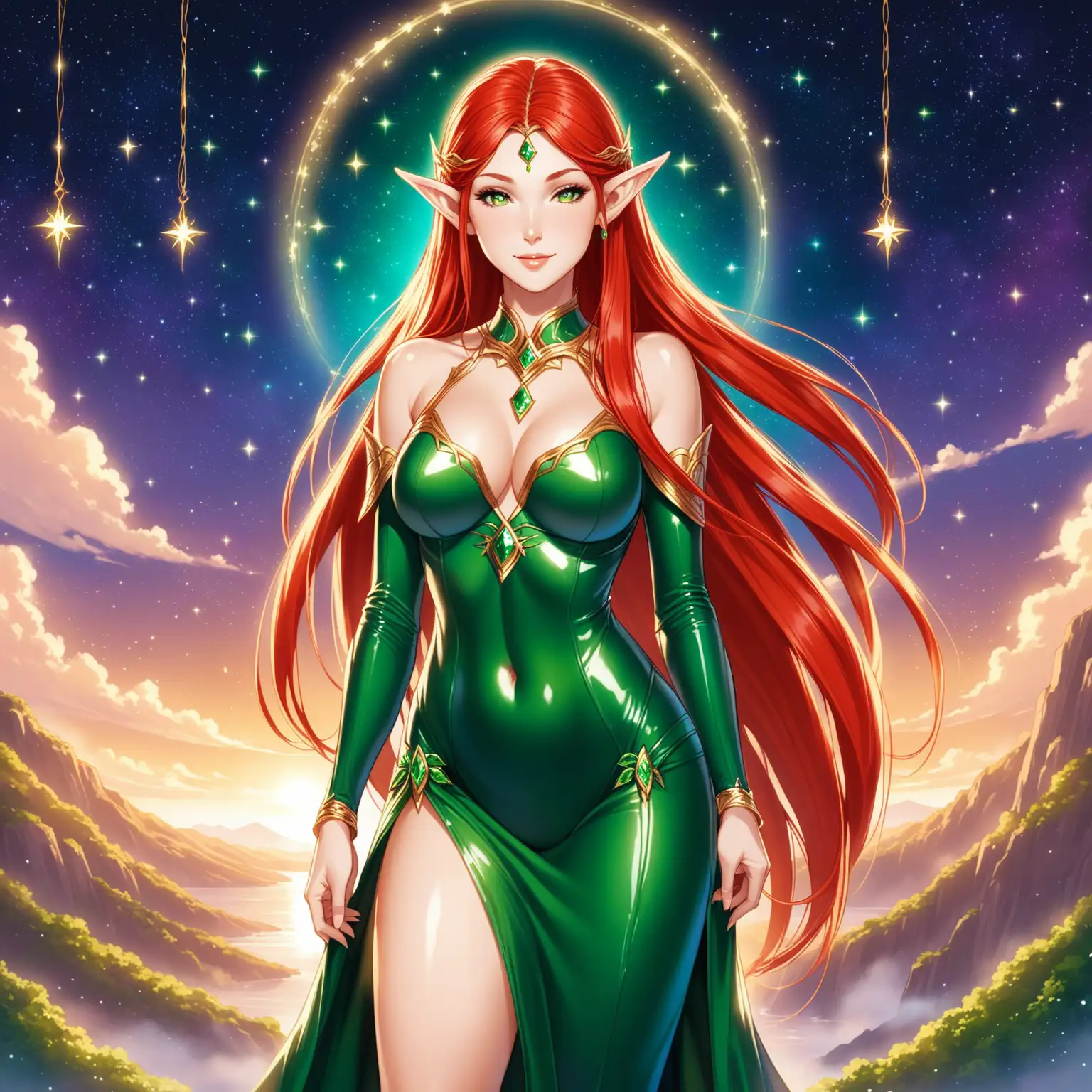1 elf woman. She is the goddess of the elves. She is extremely beautiful and mature. She is 50 years old. She has very long straight red hair. She is elegant and regal. She has medium tits and is physically fit. She is wearing a hunter green long latex dress and high heels. She is wearing gold Jewelry with emeralds. She has a soft smile. She does not look young. She is in the elven heaven with stars and magic in the background.