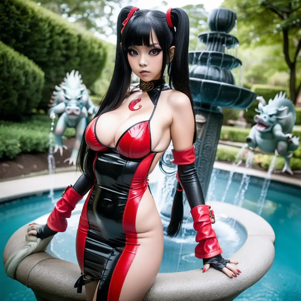 Sexy Asian dragon woman, pig tails, black straight long hair, Cleavage, thong, ass shot, black and red make up, body forming latex dress, big eyes, model make up, garden, water fountain