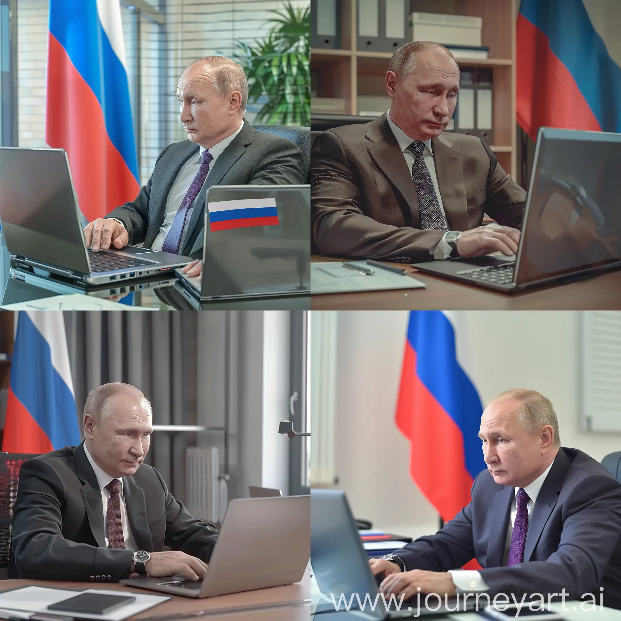 Владимир Путин, работает за ноутбуком, задний фон кабинет, флаг России, HDR, супер детализация, гипер реализм, острый фокус, профессиональное освещение