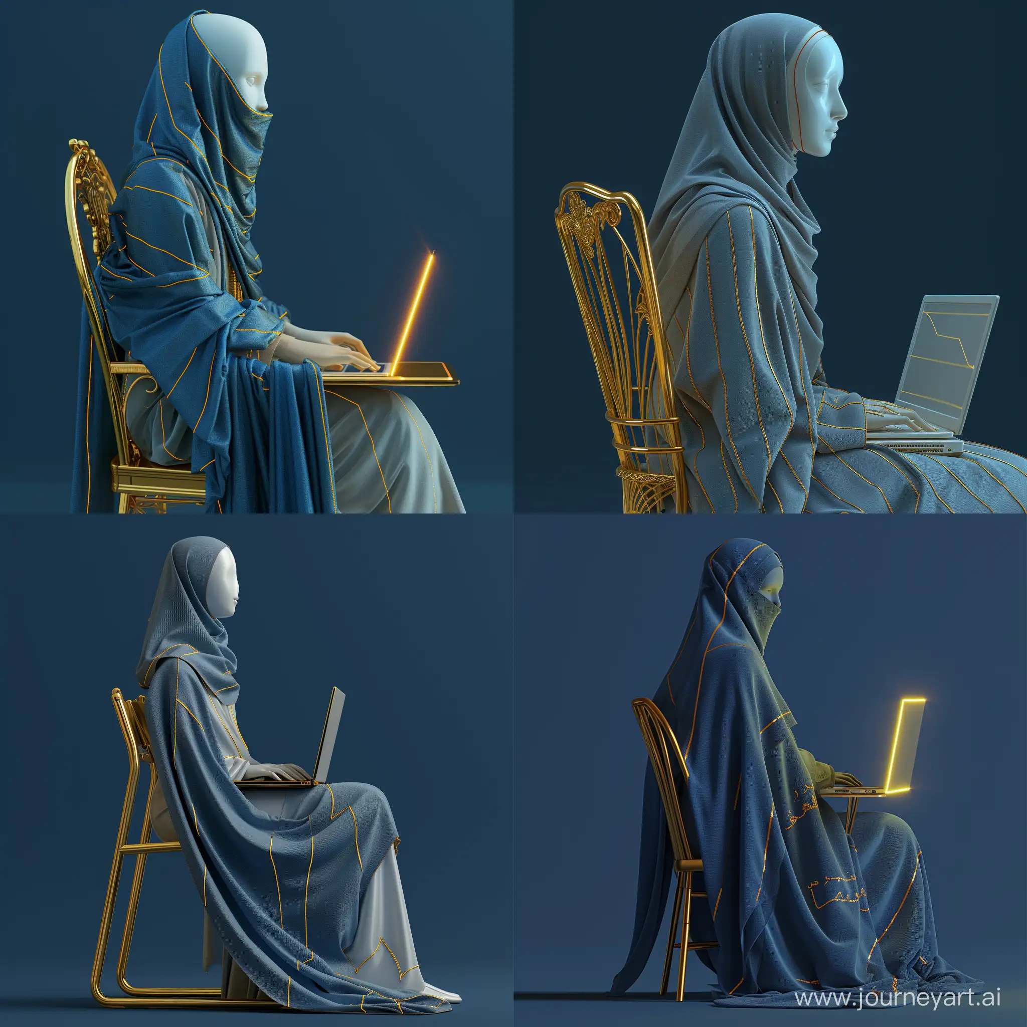 a female mannequin without a face in wide abaya look at laptop, side view the hijab is hanging down, neck covered by hijab, golden lines on clothes, wrapped in a blue cloth, sitting on a gold chair with a laptop, 3d rendering, eimagined by industrial light and magic, rendered in maya, technology sense, studio light, C4D, blender, clean, neon light, highly detail, ultra photorealistic, dark blue background