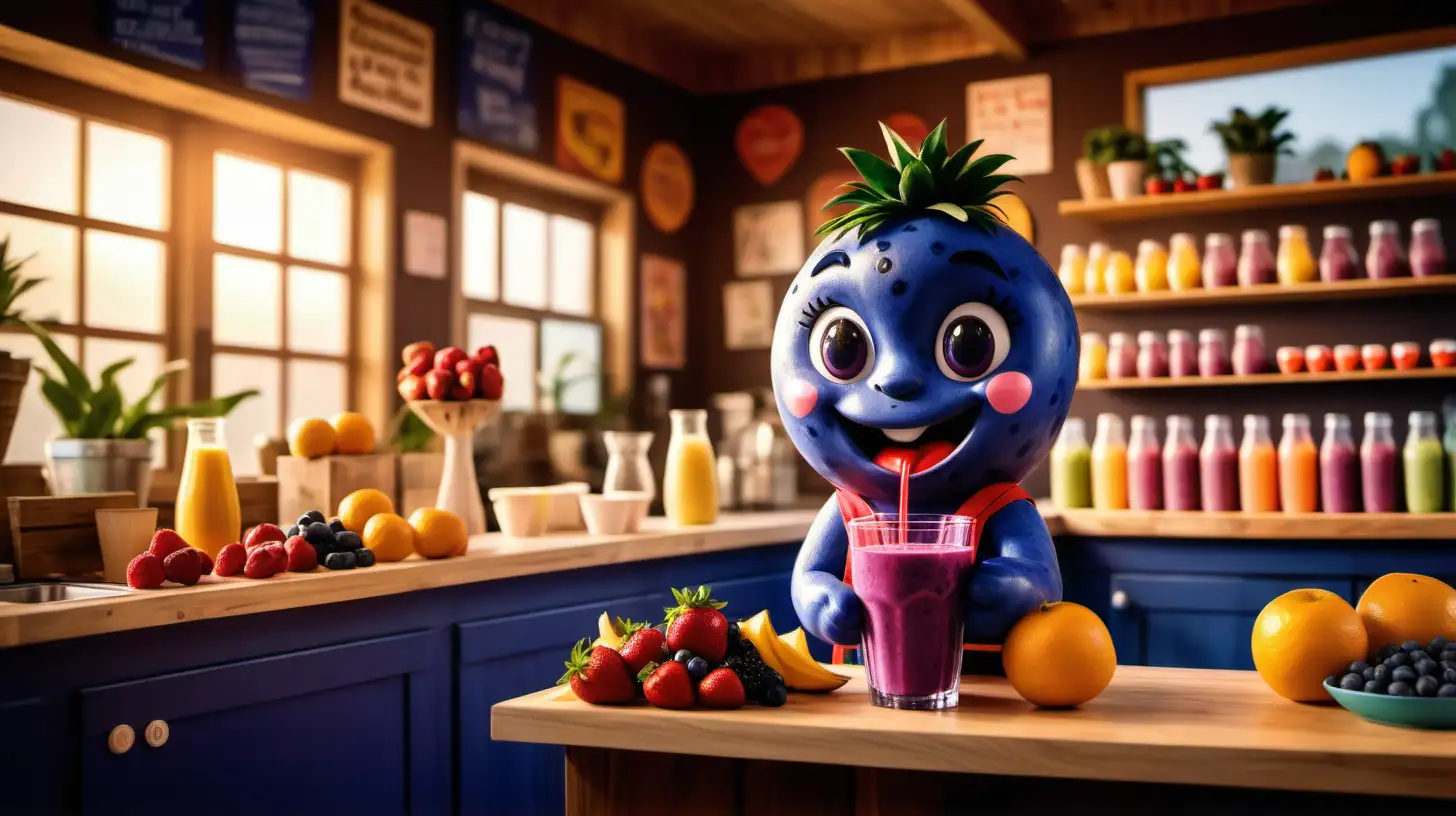 A cozy, vibrant smoothie shack interior at sunrise, filled with fresh fruits and a cheerful blueberry character wearing an apron, preparing fruit smoothies with love and care. The atmosphere is inviting and filled with the anticipation of a new day