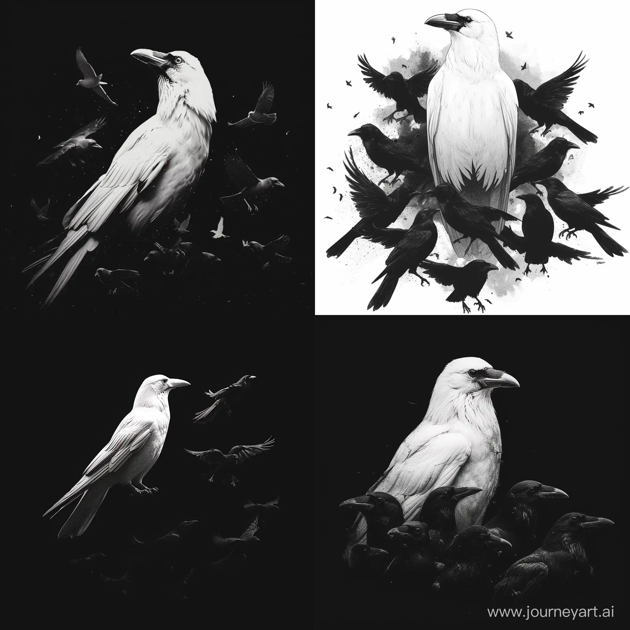 Логотип в жанре фэнтези, белая ворона среди черных птиц, --s 500