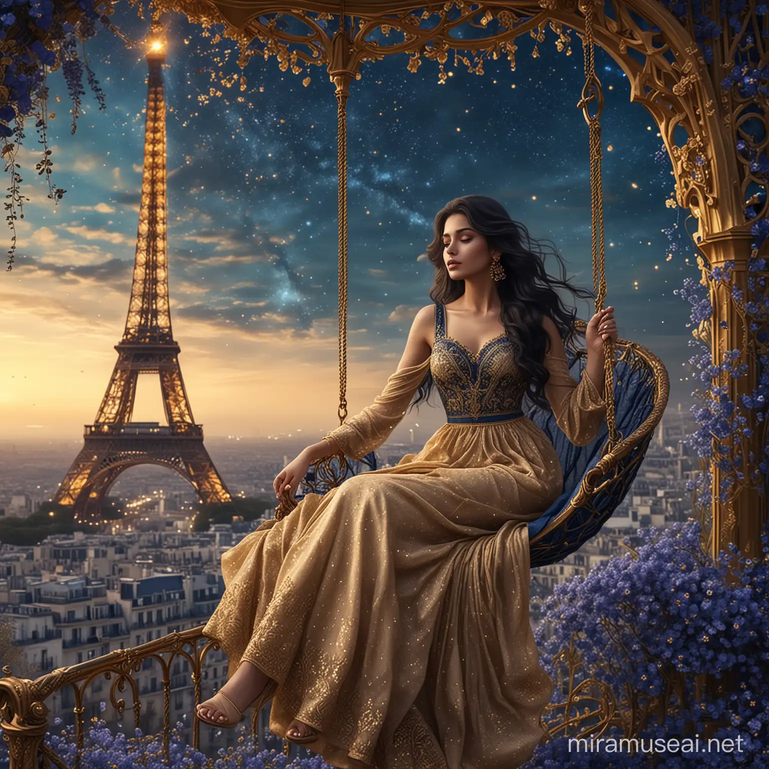A beautiful woman, sitting on a majestic swing, surrounded by small dark blue flowers and golden dust. Long wavy black hair. Elegant long beige and dark blue dress, haute couture, sari tissu. Background tower effel and golden dust. Background nebula sky with golden light. 8k, fantasy, illustration, digital art, illustration art, fantasy art, fantasy style


