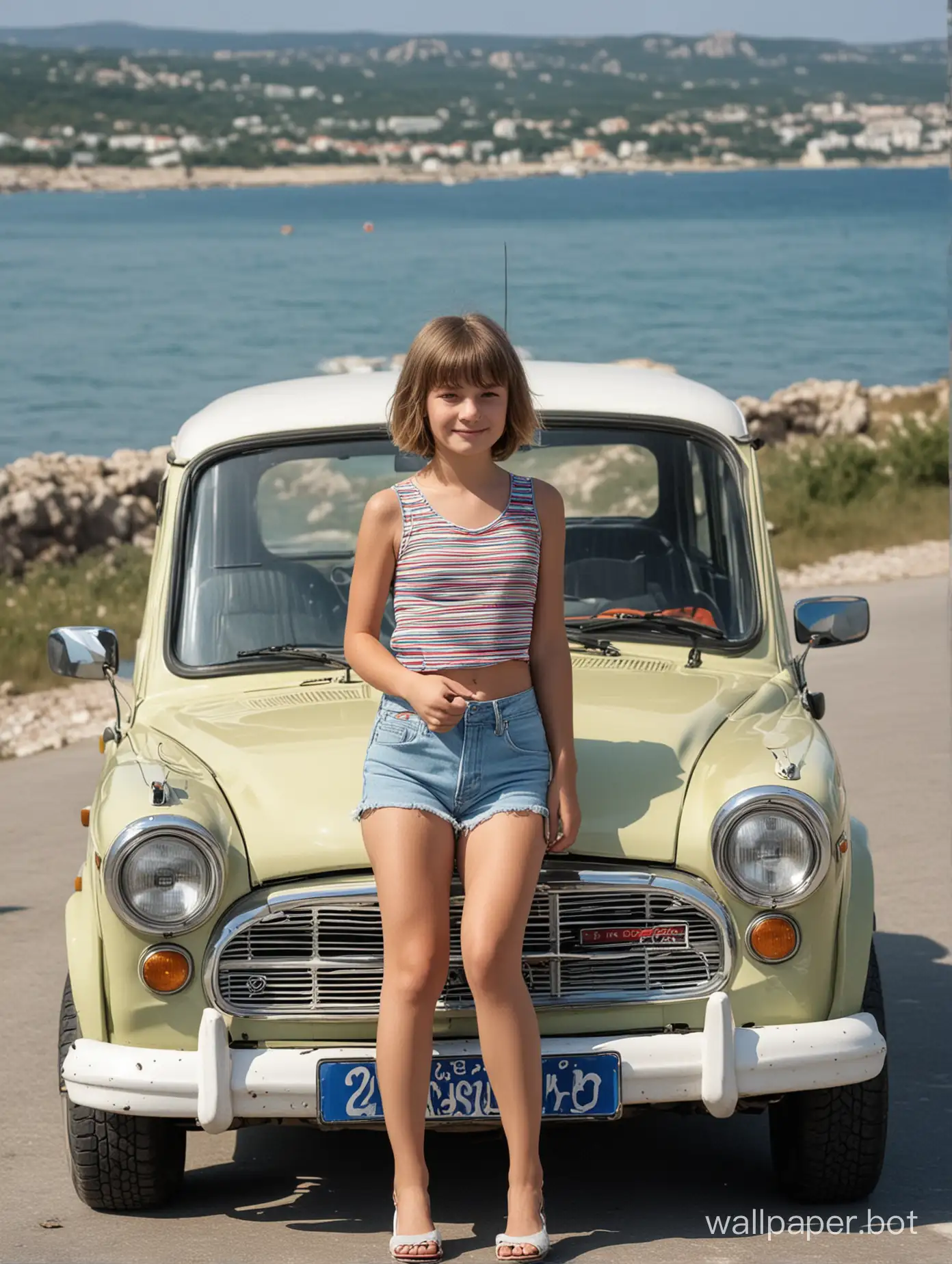 Крым, автомобиль для хиппи "Москвич", вид на море, девочка 11 лет с каре в шортиках
