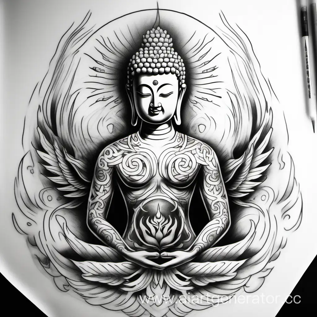 Symbolic-Rebirth-Tattoo-Eastern-Style-Buddha-and-Phoenix-Sketch