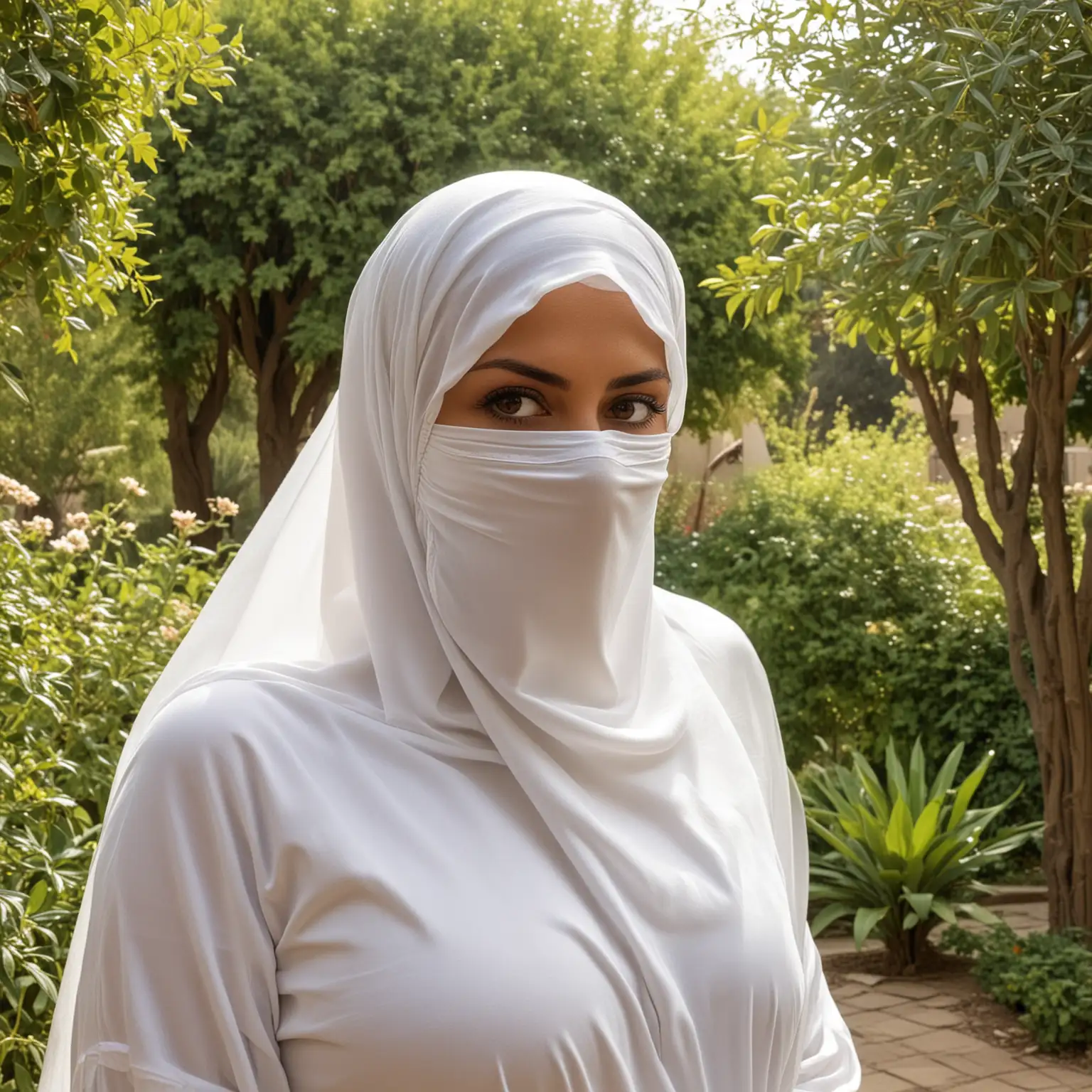 sexy 40 year old iranian woman with huge 40F breasts, in a very tight white burqa with face hidden by a niqab, with beautiful free flowing brown hair, in a garden. 