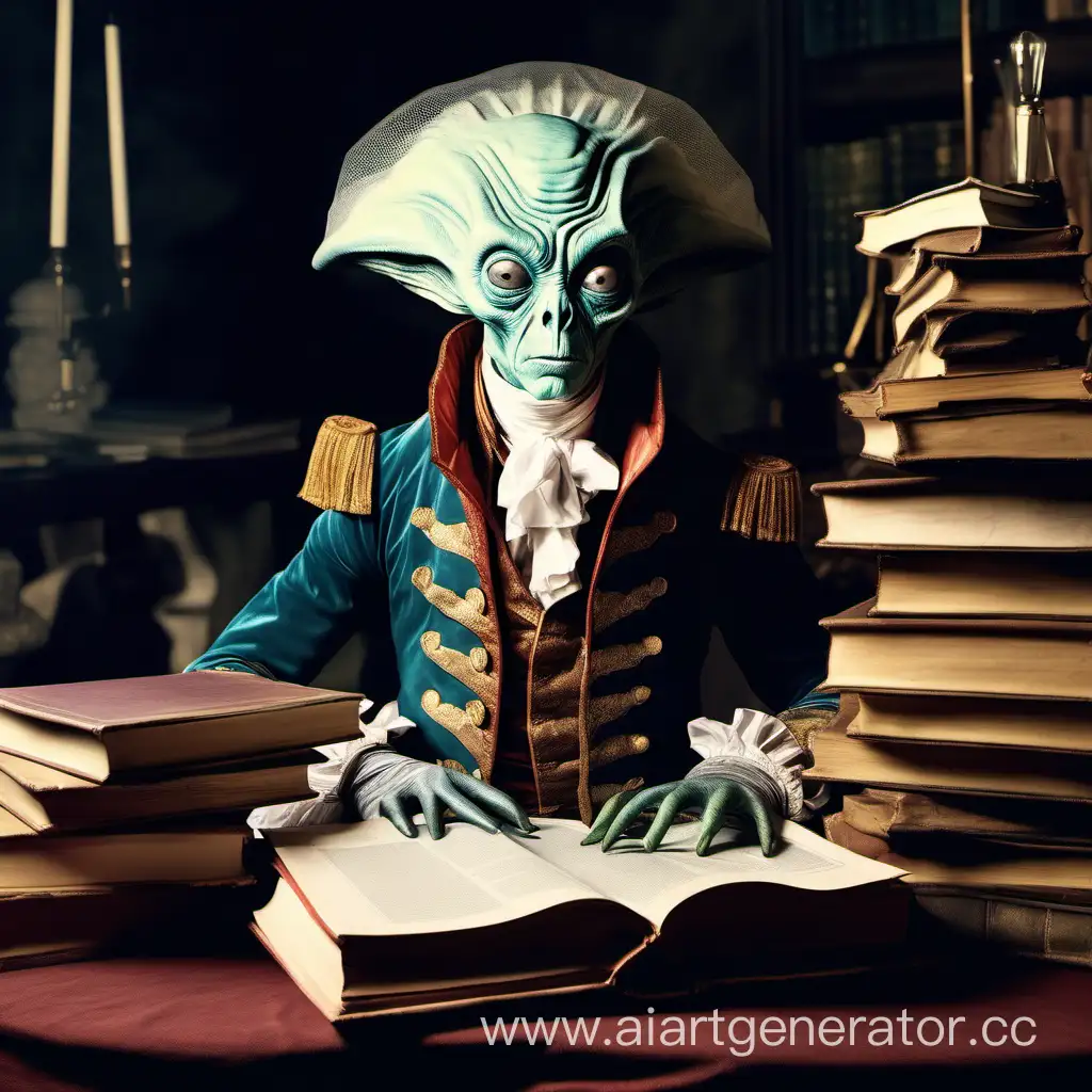 учёный инопланетянин одетый в костюм из 18ого века сидит за столом с кучей книг