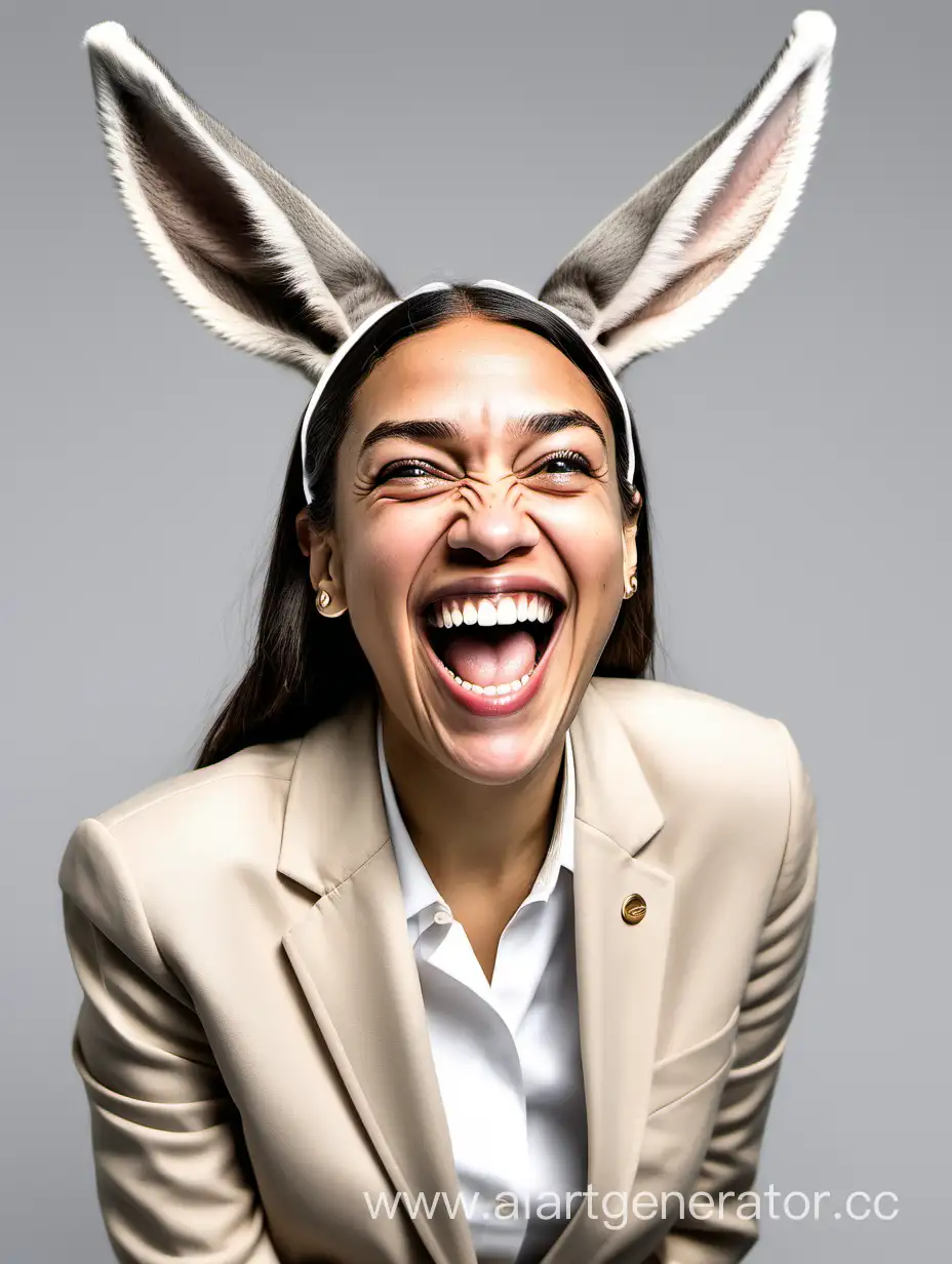 high quality digital photo, white background, alexandria ocasio cortez, laughing, donkey teeth, she has donkey ears, wide