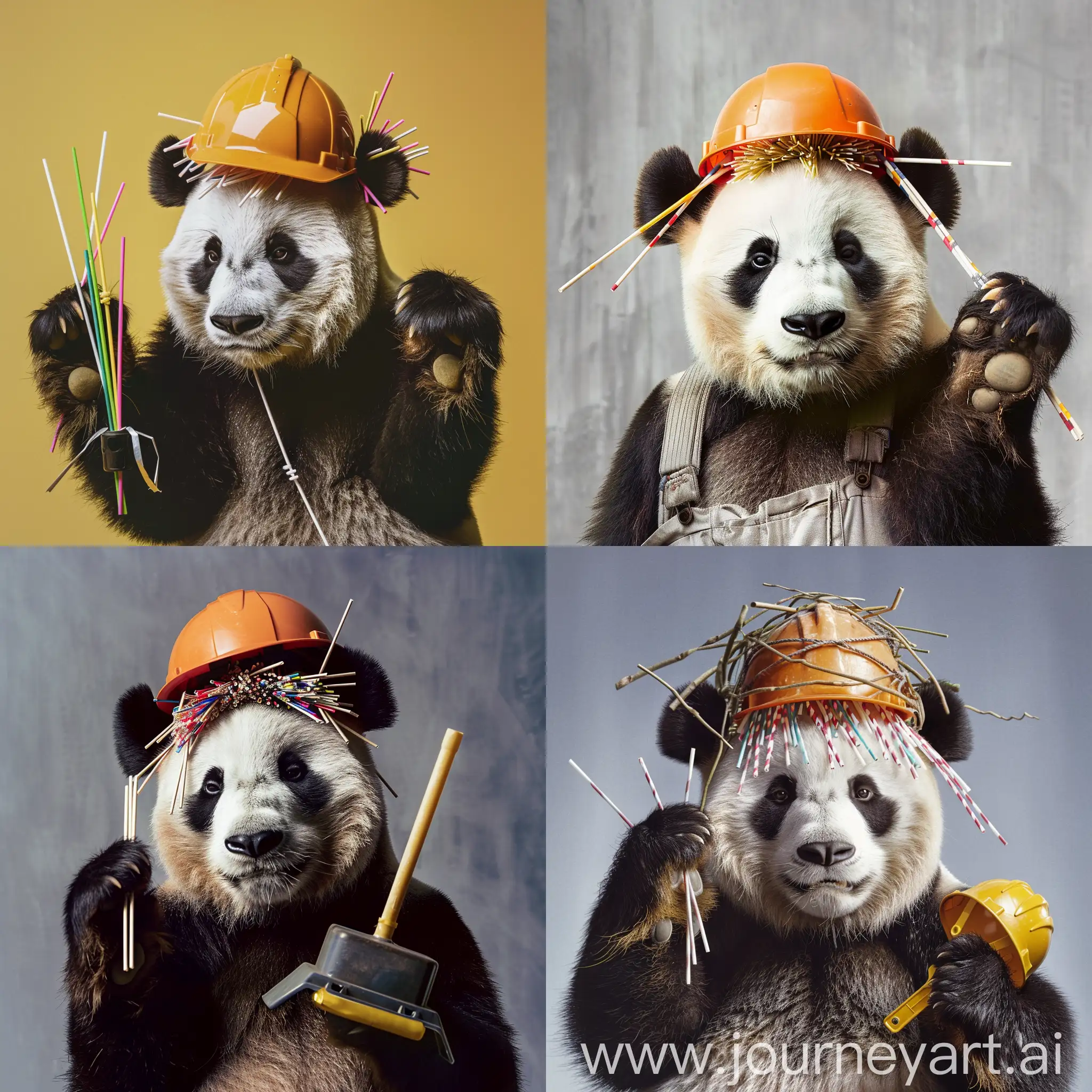panda with straws around his head and hard hat in his hand