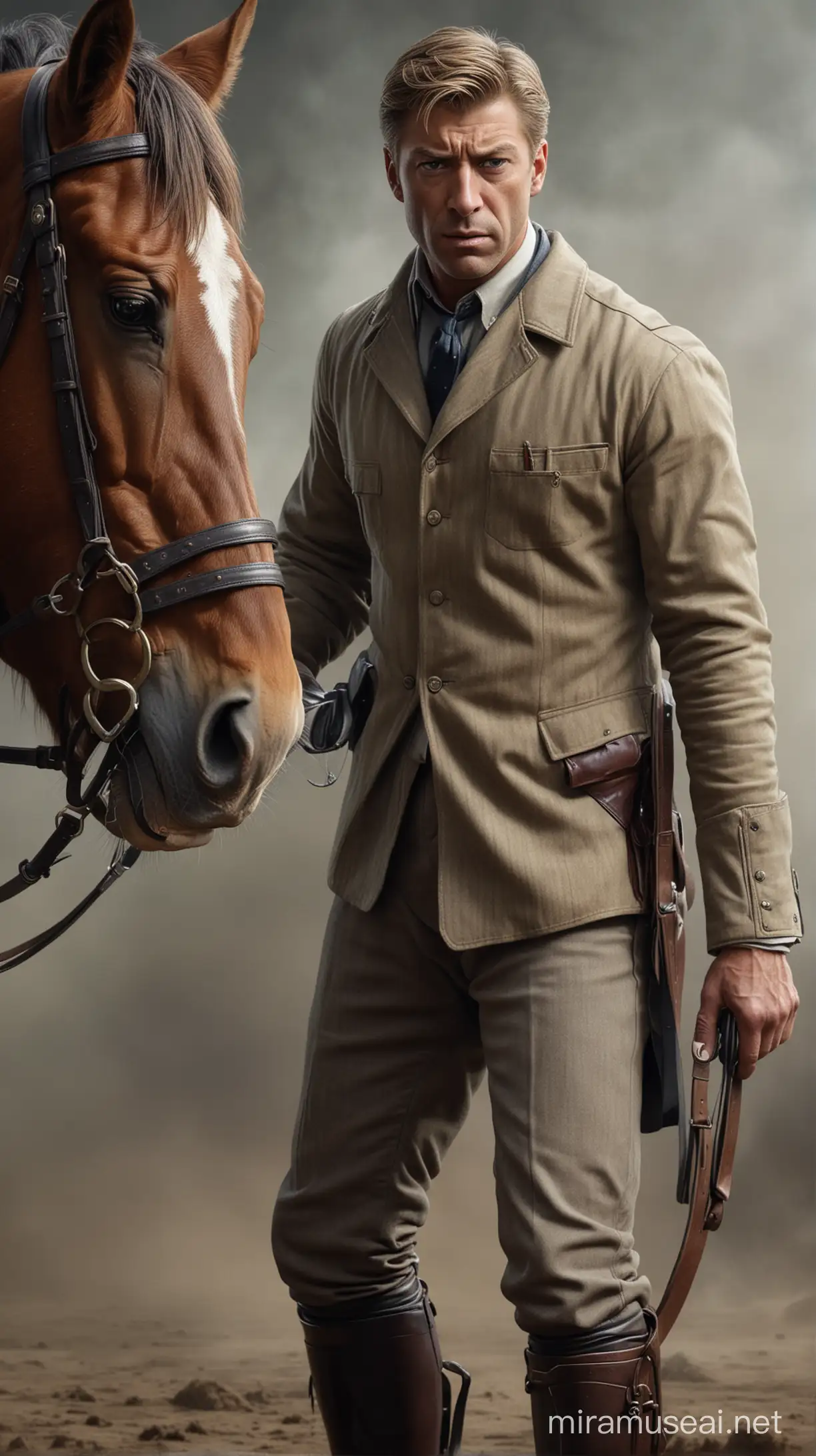 Close-up of Baldwin's determined expression as he commands his horse with his knees. hyper realistic