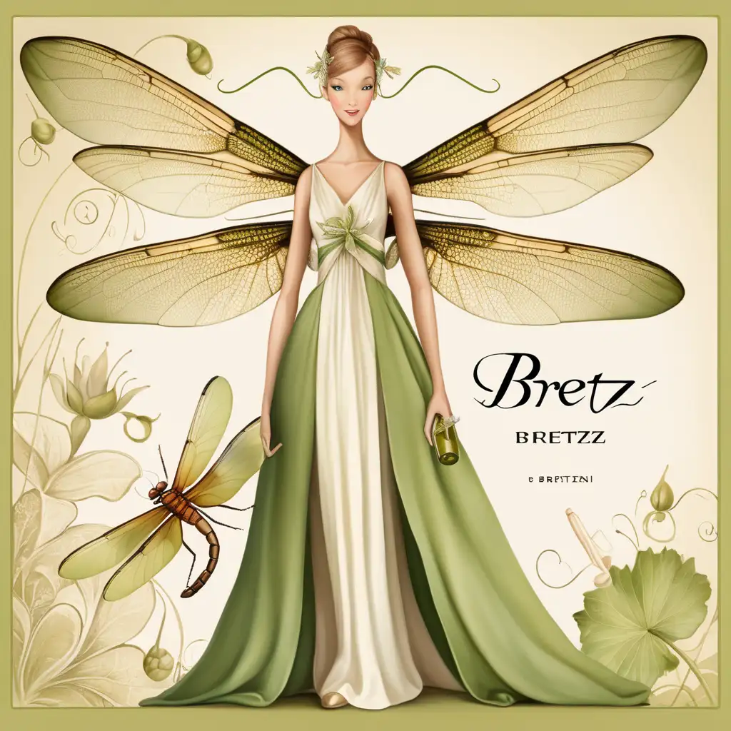 BRETZ Dragonfly White Wine Label Graceful Dragonfly in Green and Beige Gown
