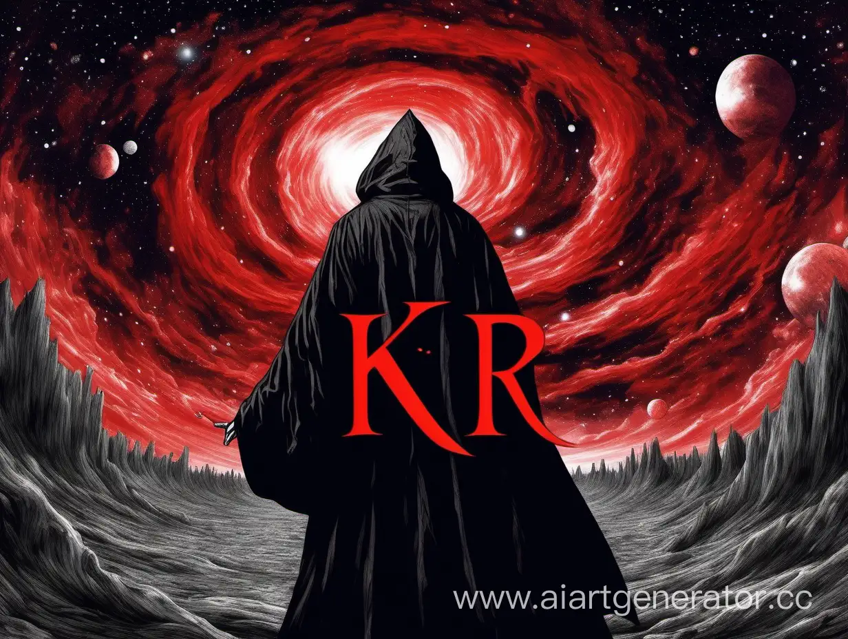 Black and red chaos, there is a man in a black cloak, in his hands he has magic of a red hue, behind the inscription K1R$, the milky way in the sky