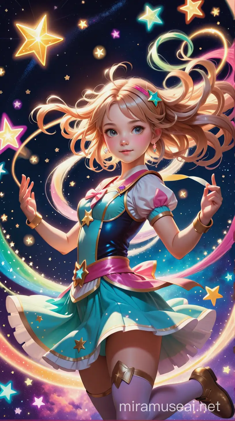 Magical Girl: A whimsical depiction of a girl wielding magical powers, surrounded by sparkling stars and colorful spells