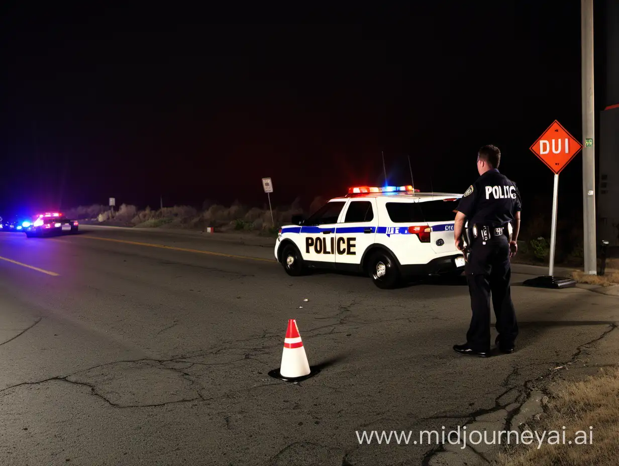 Nighttime Police DUI Checkpoint on Urban Road