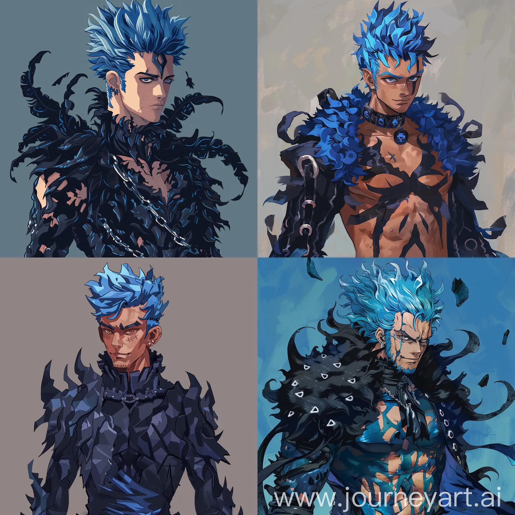 Create a 64 bit pixel detailed character art for a male protagonist with blue hair with, unique black and dark blue costume in one piece artstyle