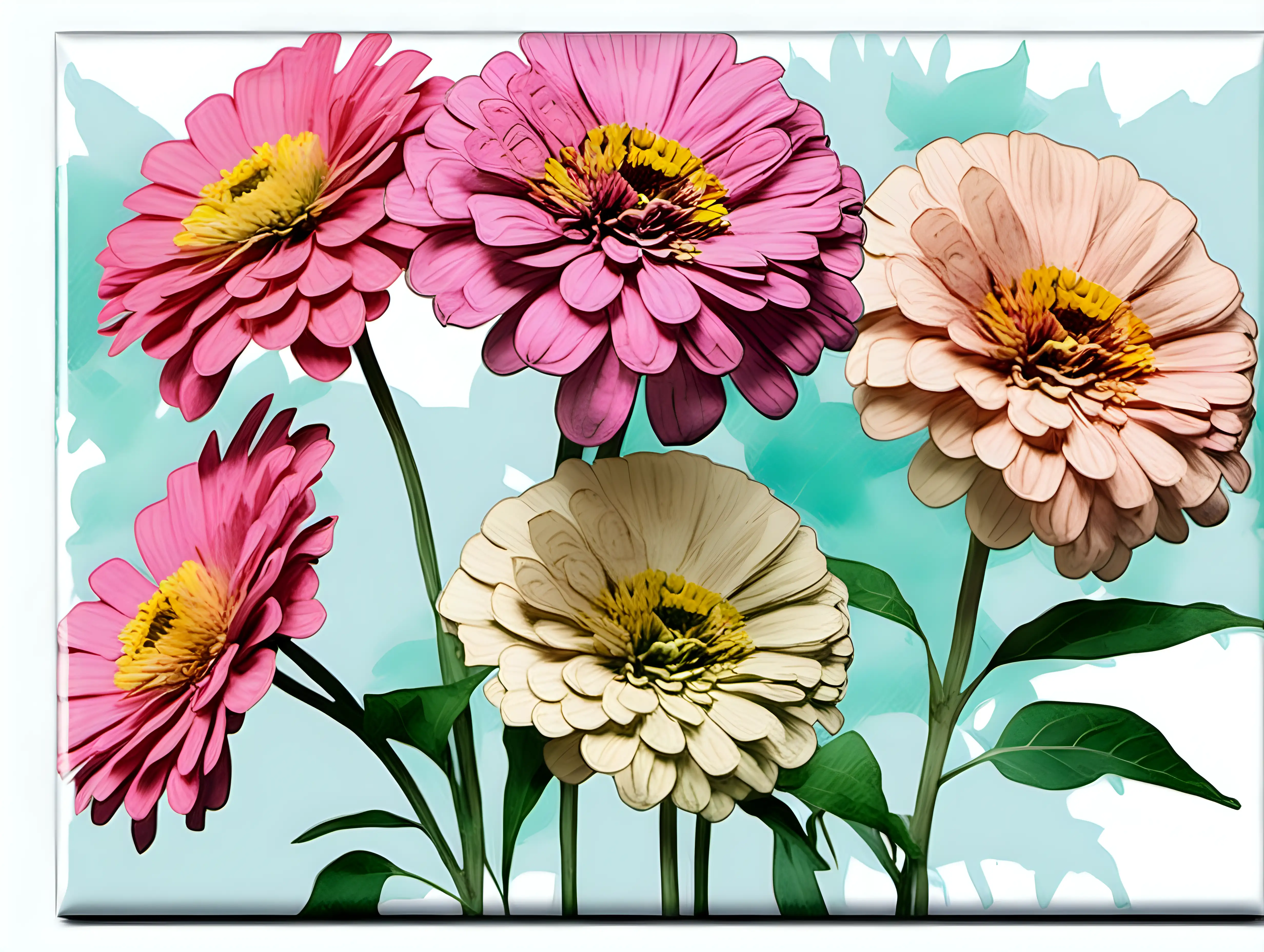 /imagine prompt pastel watercolor ZINNIAS flowers clipart on a white background andy warhol inspired --tile