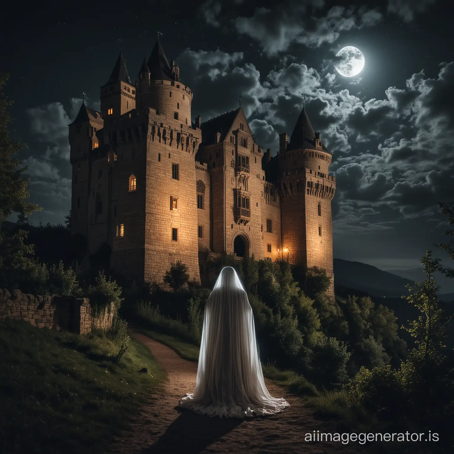 15th century castle with a ghost at night