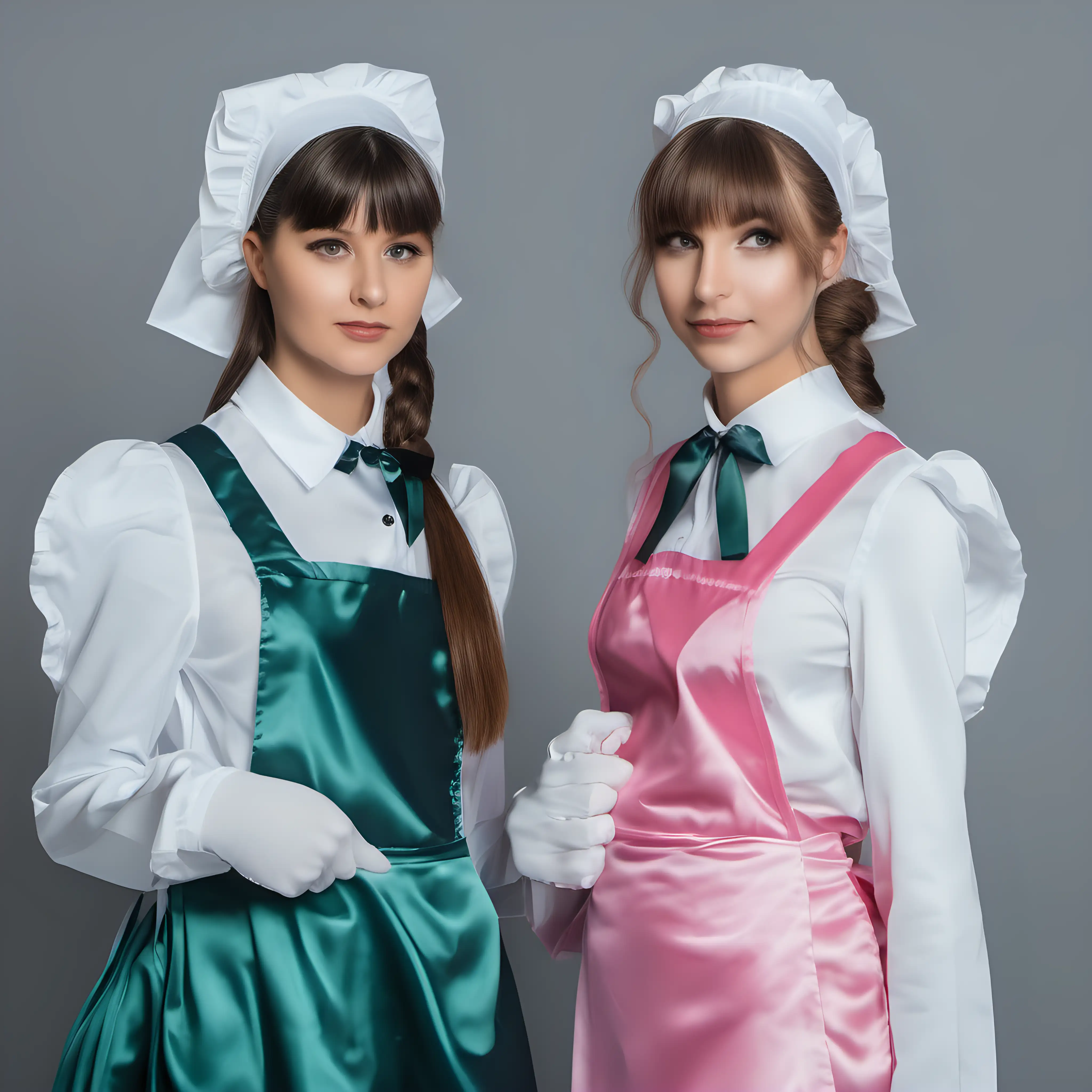 two Girl in satin long maid uniforms