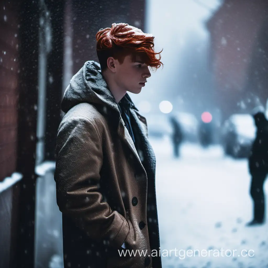 Парень 19 лет, с рыжими волосами, короткими, стоит на улице, в пальто, идет снег, он в пальто, темно, Вид сбоку