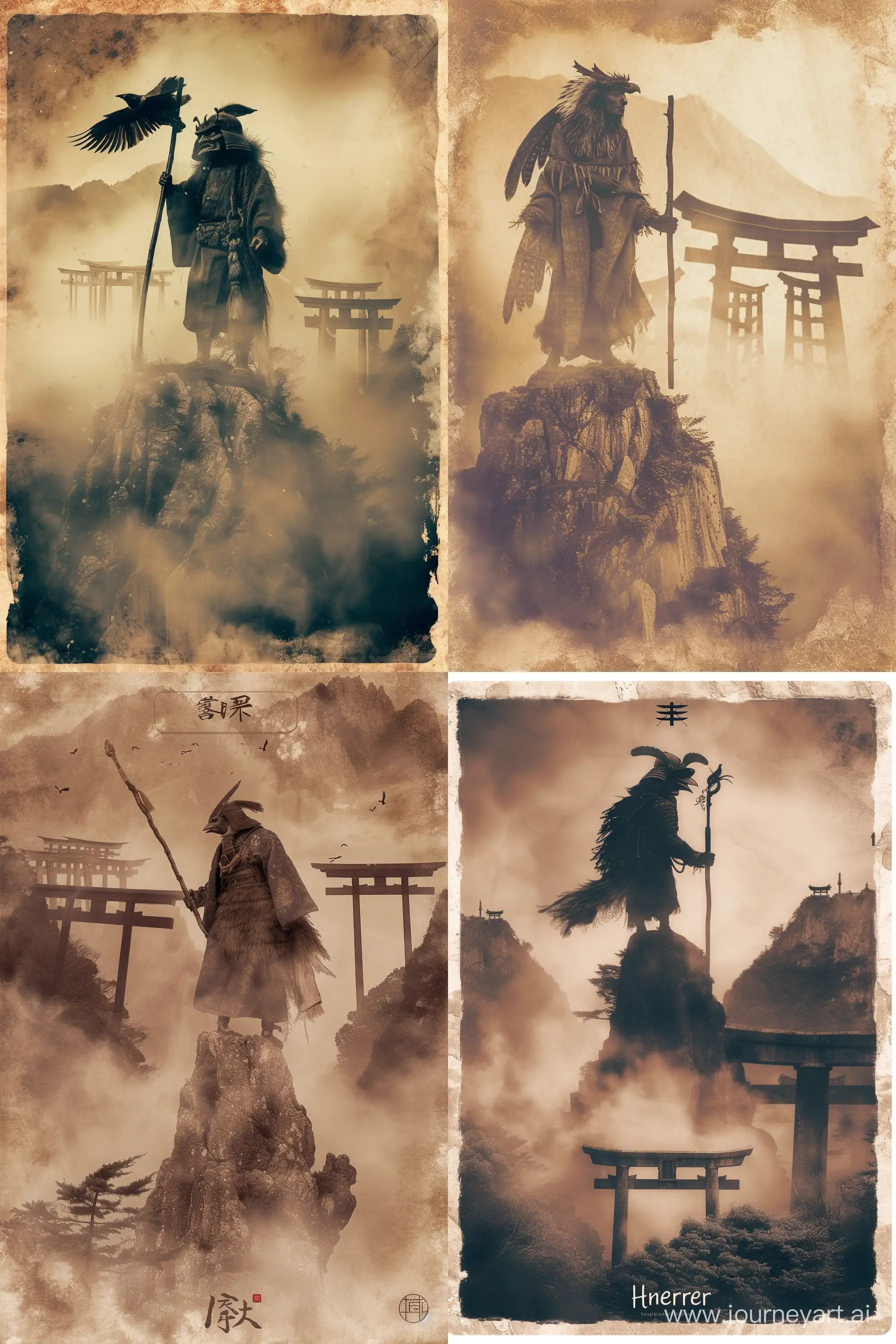 A photograph of a tarot card showing the Tengu, a legendary creature with human and bird-like features, as The Hermit. The Tengu stands atop a misty mountain, holding a long staff, with ancient Shinto gates (Torii) in the background. Created Using: ink painting style, muted earth tones, dynamic brush strokes, atmospheric perspective, traditional Japanese aesthetics, subtle lighting, detailed textures, hd quality, natural look --ar 2:3 --v 6