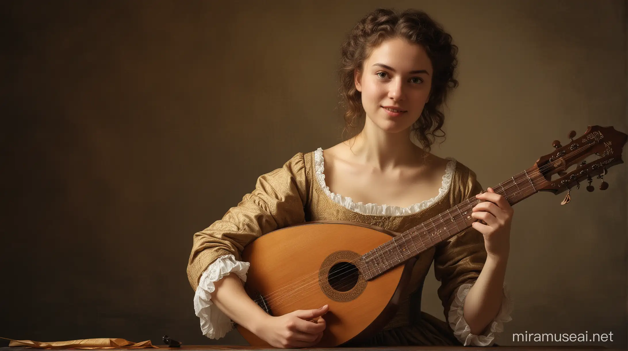 Graceful Young Musician Performing on Lute in Rembrandt Style