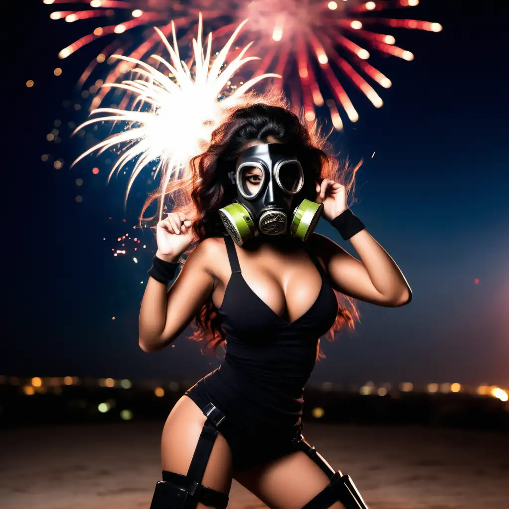 Sexy Latina girls with gas mask dancing with fireworks behind her