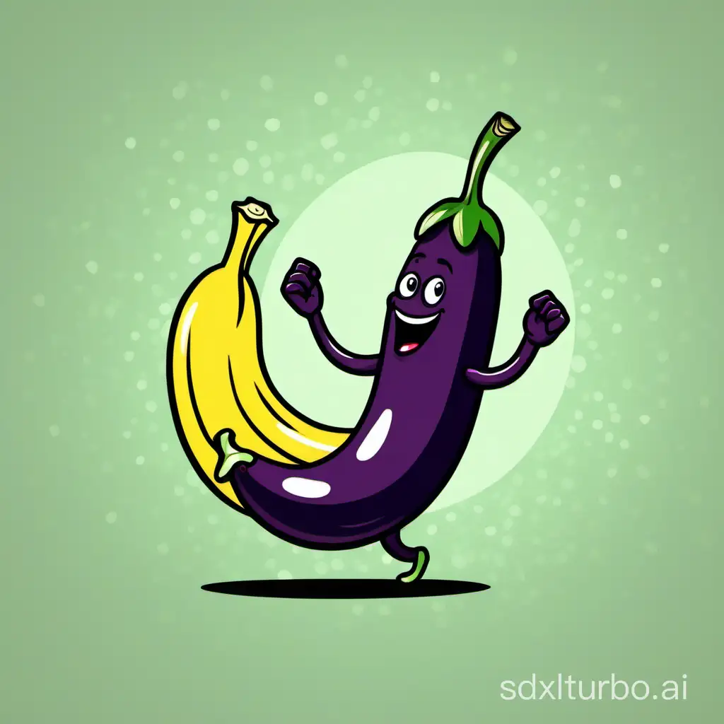 dancing eggplant eating a banana