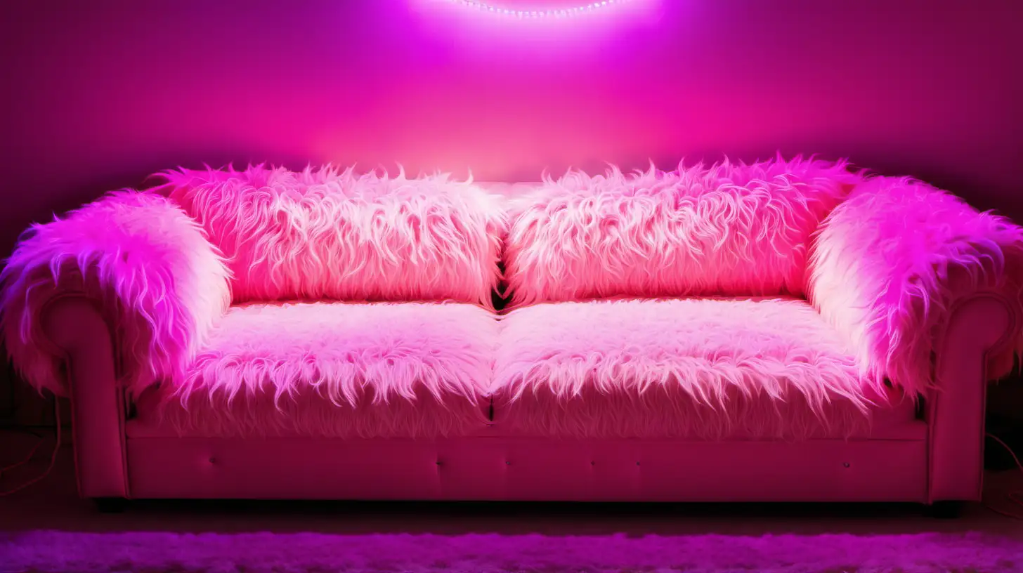 pink, fluffy, pretty couch with neon lights