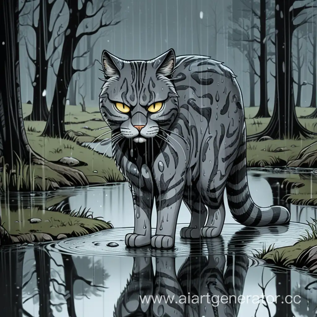 Big grey cat, eyes covered with fur, rainy forest, sad, puddle with reflection, scars on the body, comic style.
