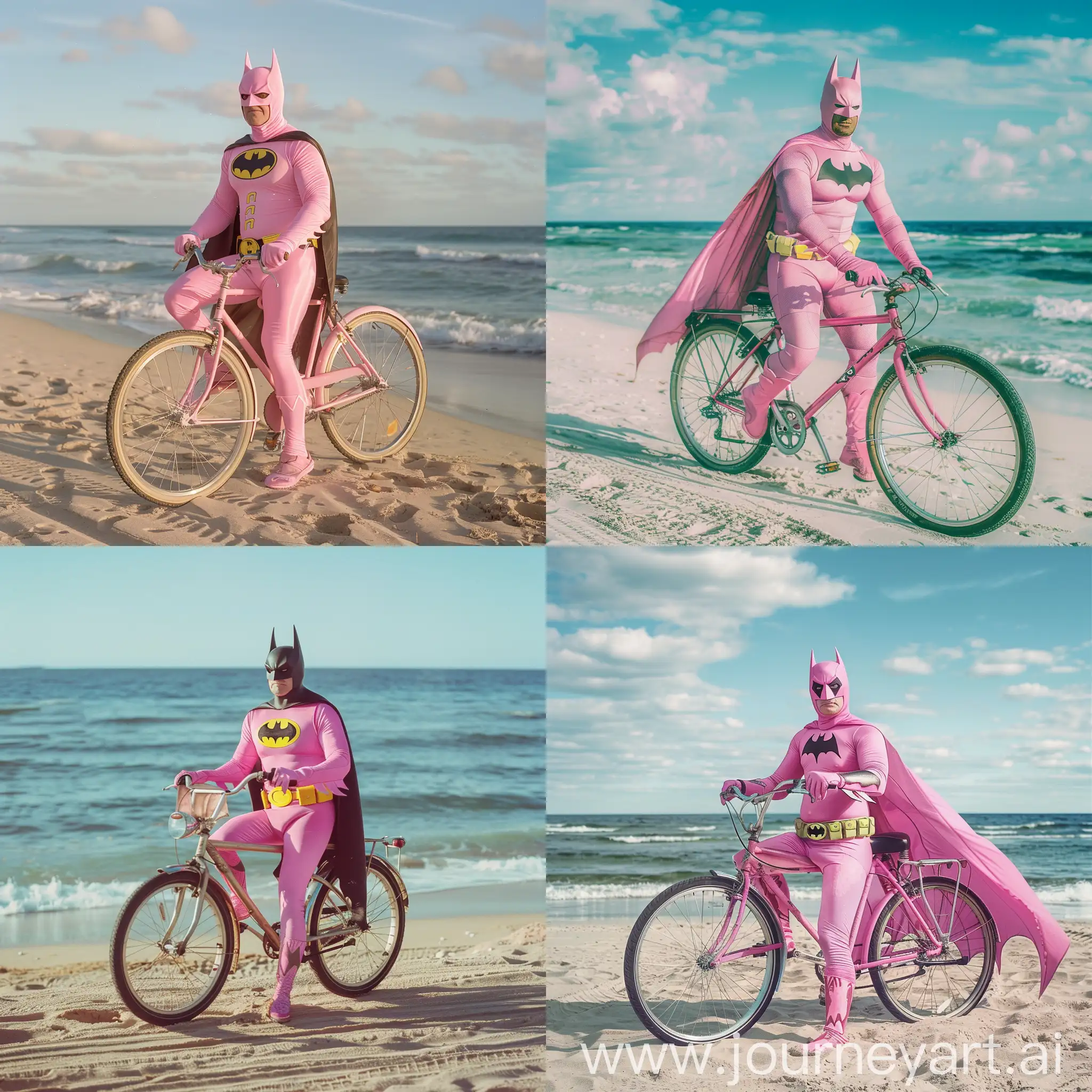 pink batman on a bike on the beach
