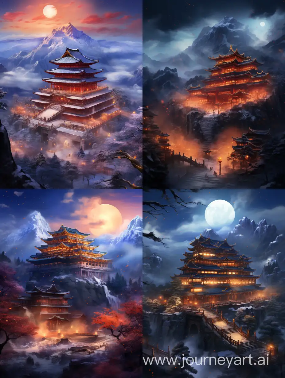 Стиль аниме.Древняя китайская школа, стоящая на горе,в зимнюю ночь сгорела от пожара,а кругом горы и зимние леса