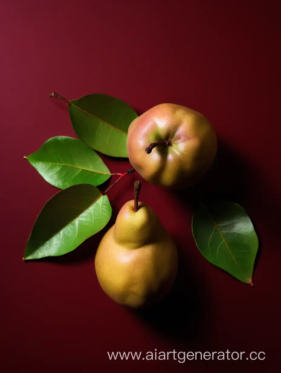 Asian Pear with leaves on dark red background