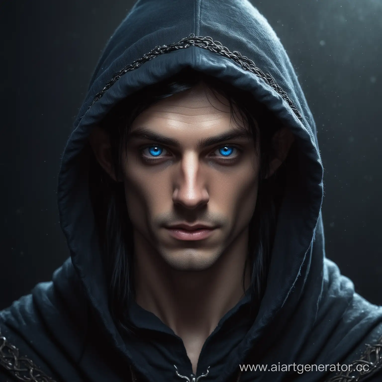 Tall elf with blue eyes, long ears and black hair in dark blue hood. Fantasy style wizard