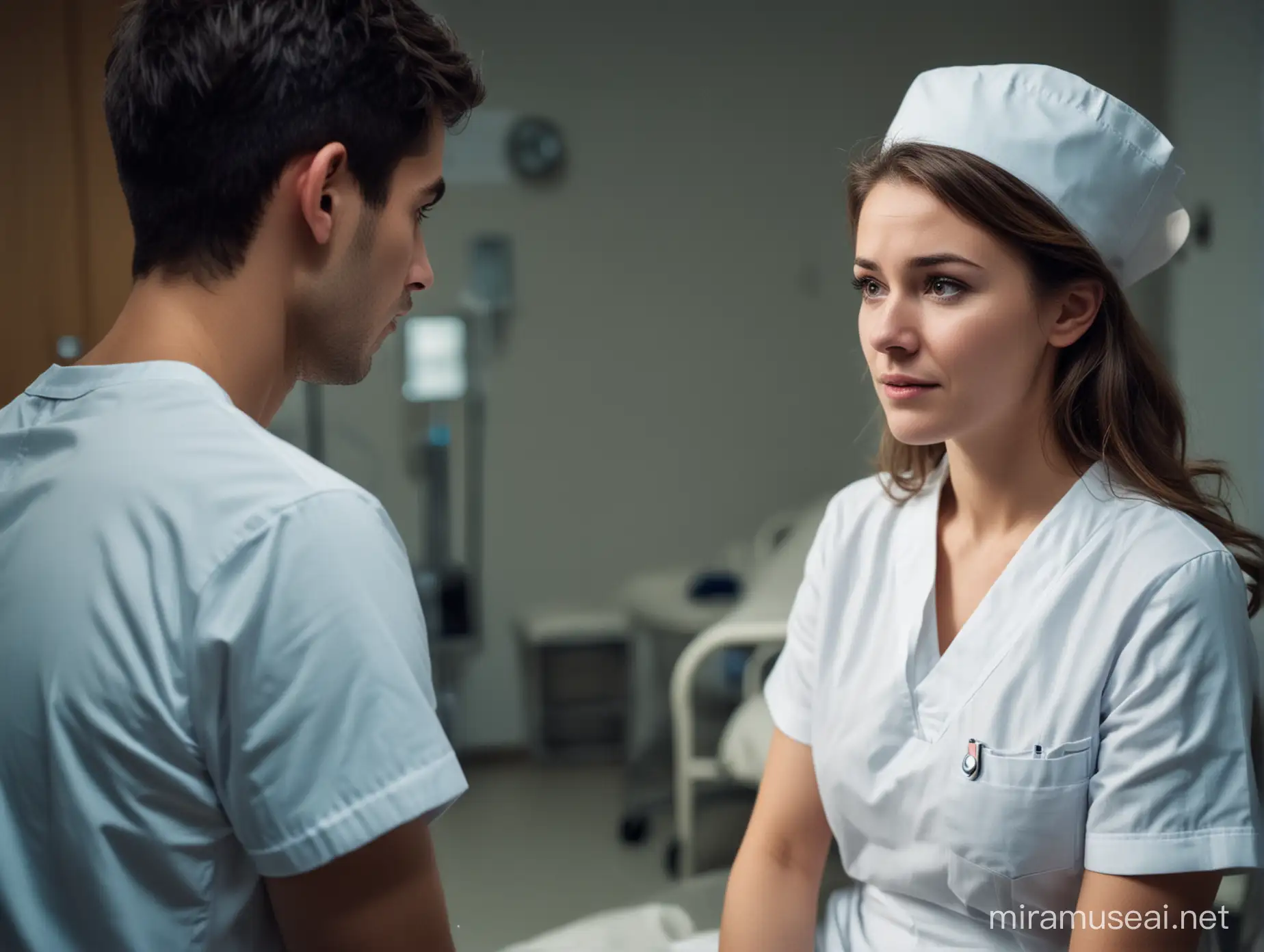 una enfermera bella con rostro muy triste y charlando con un joven hombre enfermero dentro de un cuarto de hospital en la noche.