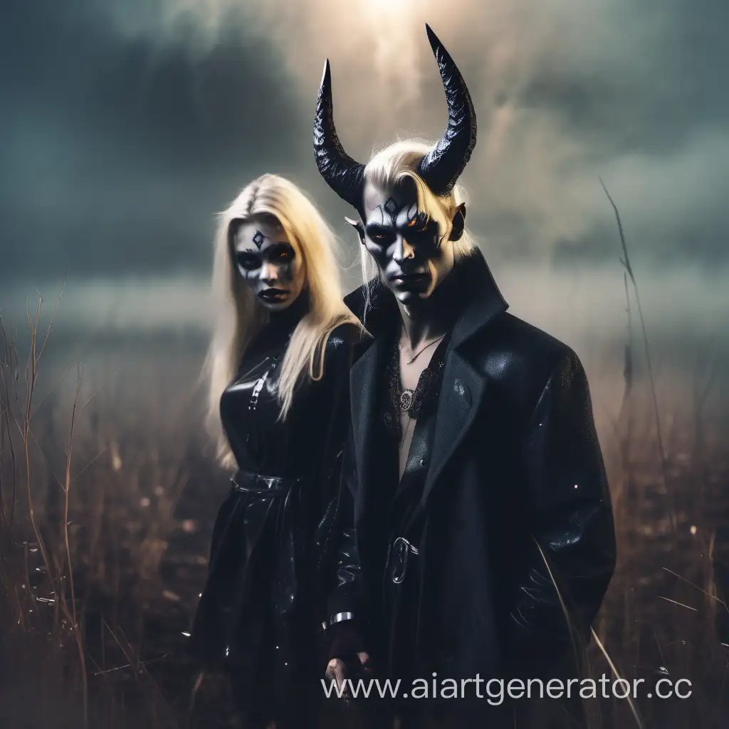 Демон-парень и демон-девушка (блондины со славянской внешностью), с рогами и сверкающими глазами, в пальто, на фоне туманного поля, сумерки.