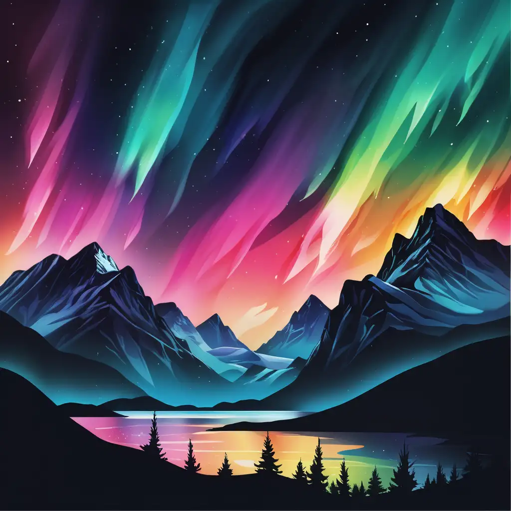 colorful northern light scene with black silhouette of mountain scape