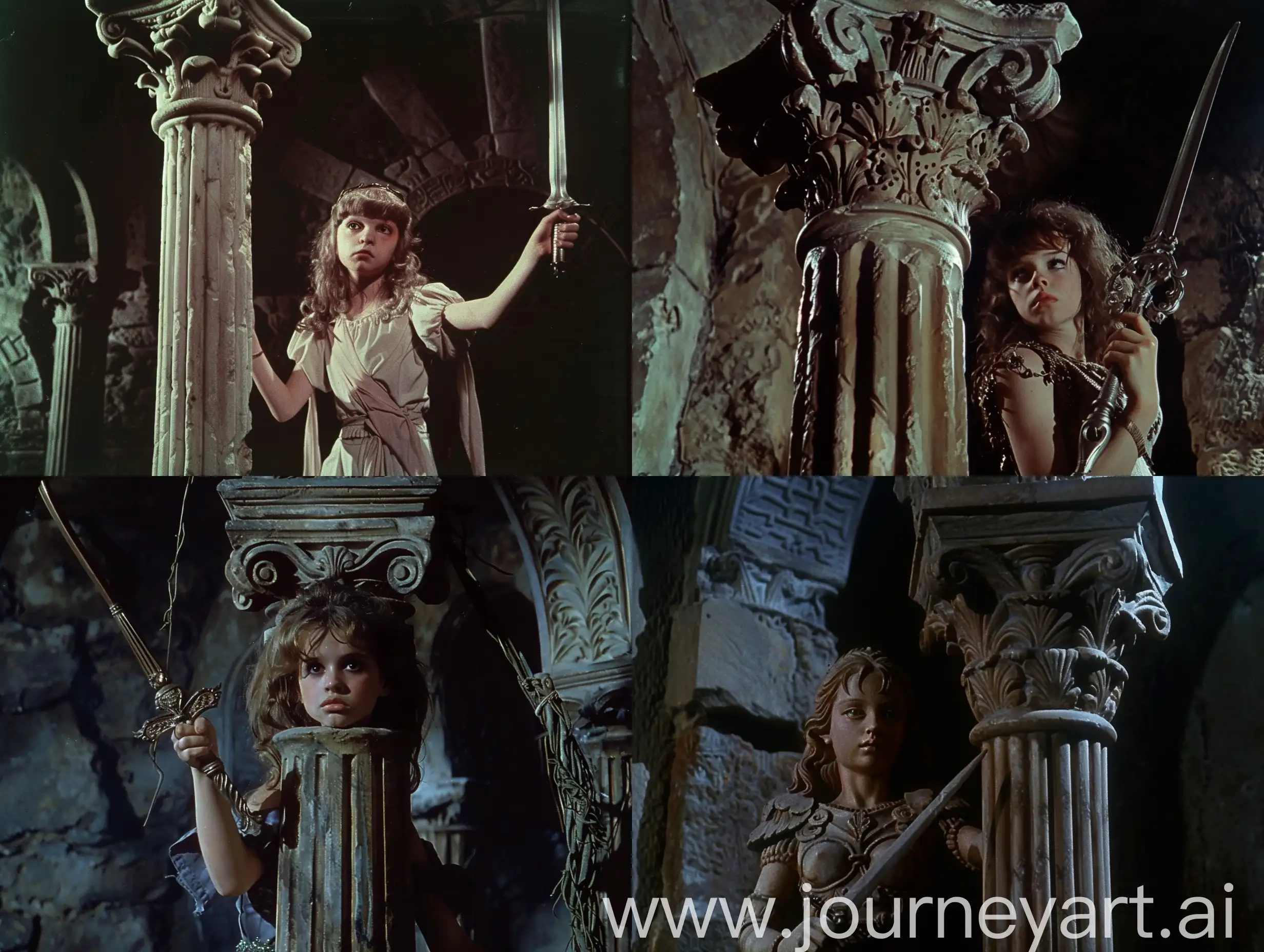 DVD screen grabs character/Arx Fatalis classical architectural Caryatid Column finely carved pillar in the shape of a beautiful young girl holding a slender sword in her left hand in a dark mausoleum catacomb columbarium dark fantasy 1980 style --v 6 --ar 4:3 --no 58422