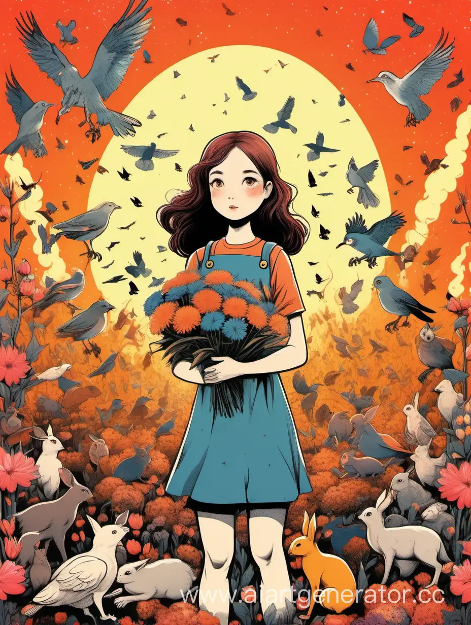 Девушка на фоне ядерного взрыва, в руках много цветов, вокруг неё мелкие зверушкии птицы, яркая природа.