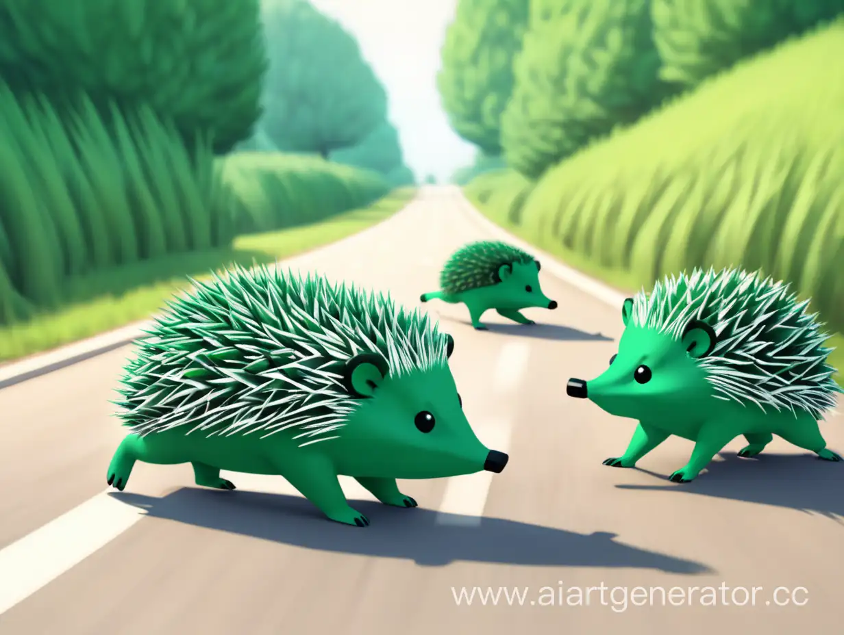 Energetic-Green-Hedgehogs-Running-Along-a-Country-Road