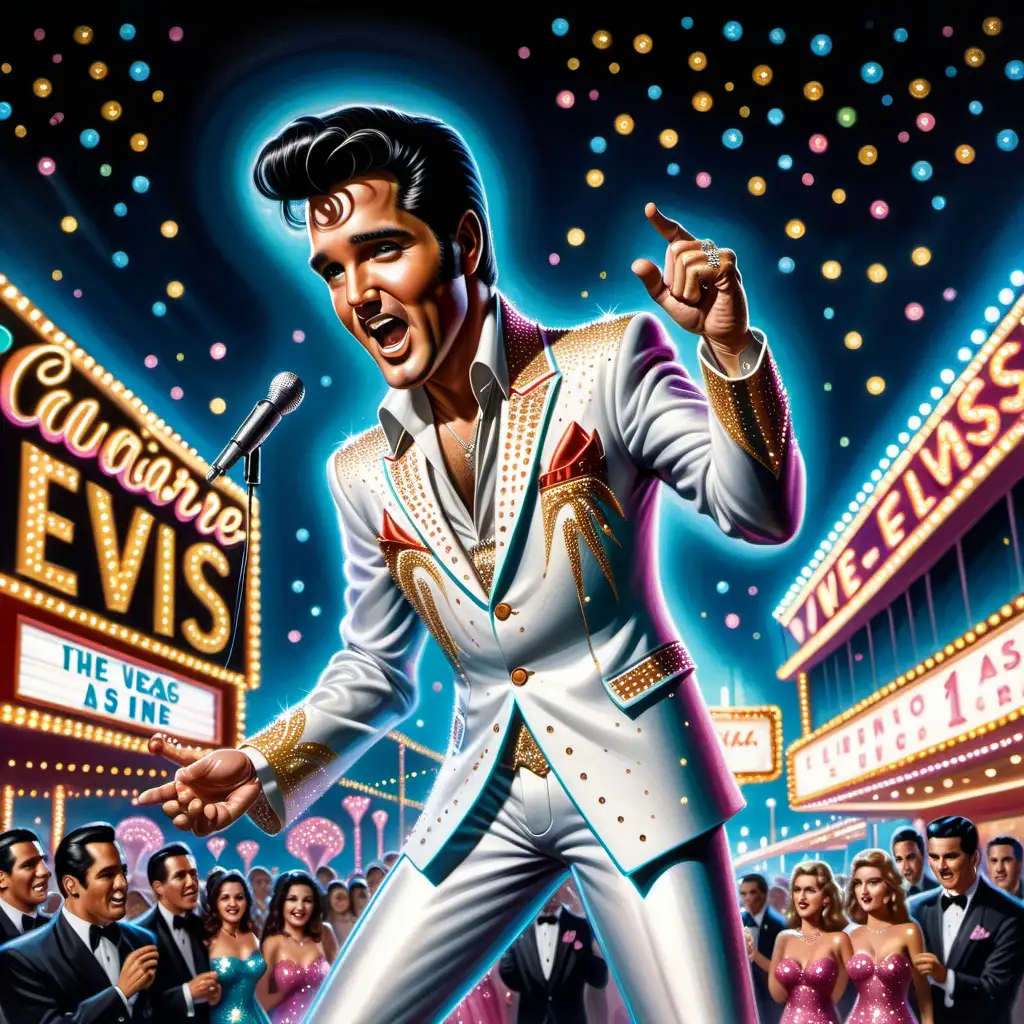 karikatur,Elvis Presley als "The Vegas Icon": Stelle ihn in einem glitzernden, mit Strass besetzten Anzug dar, wie er auf der Bühne eines der legendären Konzerte in Las Vegas gibt. Im Hintergrund könnten neonbeschienene Casinos und blinkende Lichter zu sehen sein, die die Atmosphäre der Stadt der Sünde einfangen.