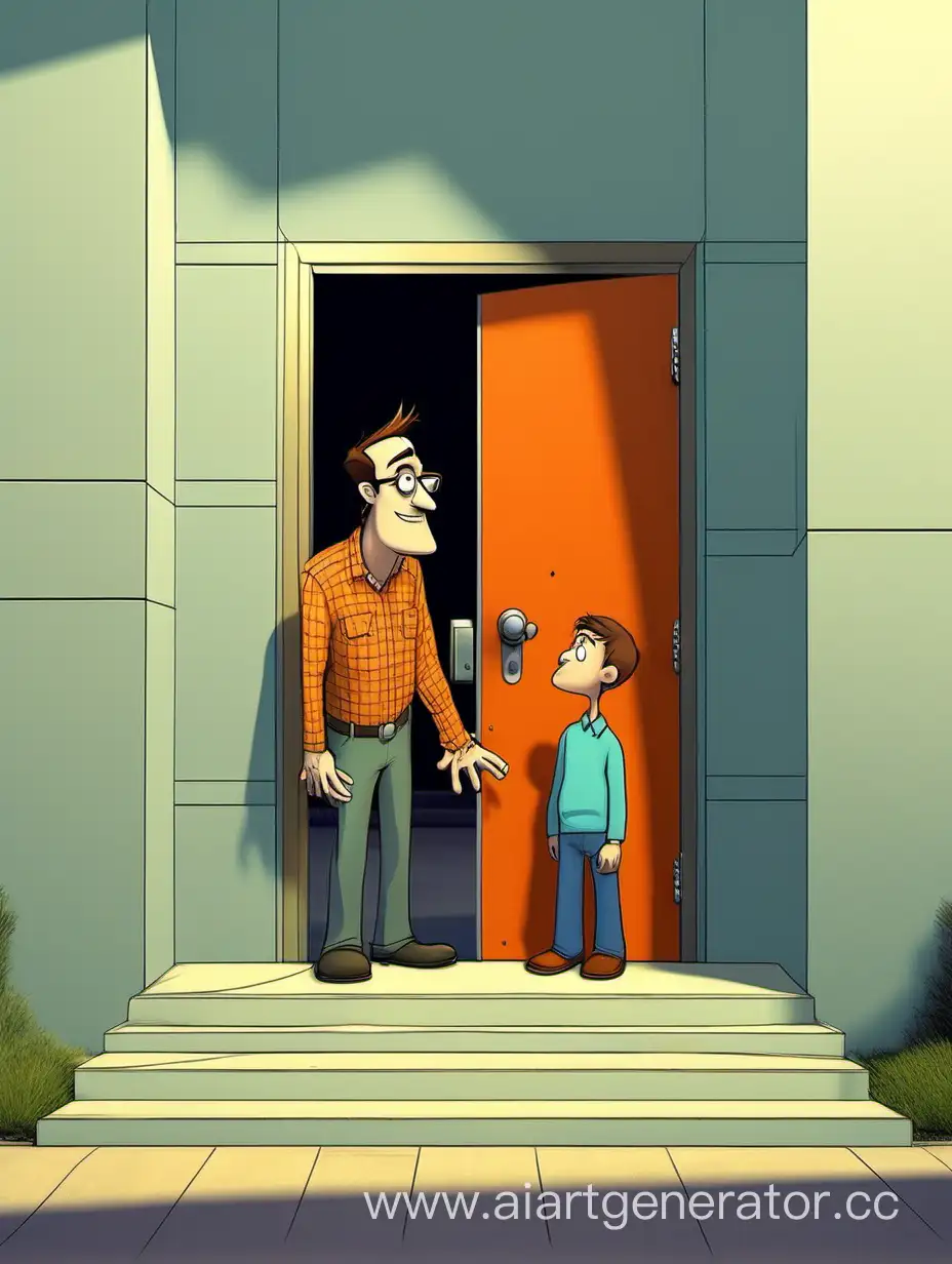 Father-and-Son-Amused-by-Closed-Modern-Building-Door-Playful-Pixar-Style