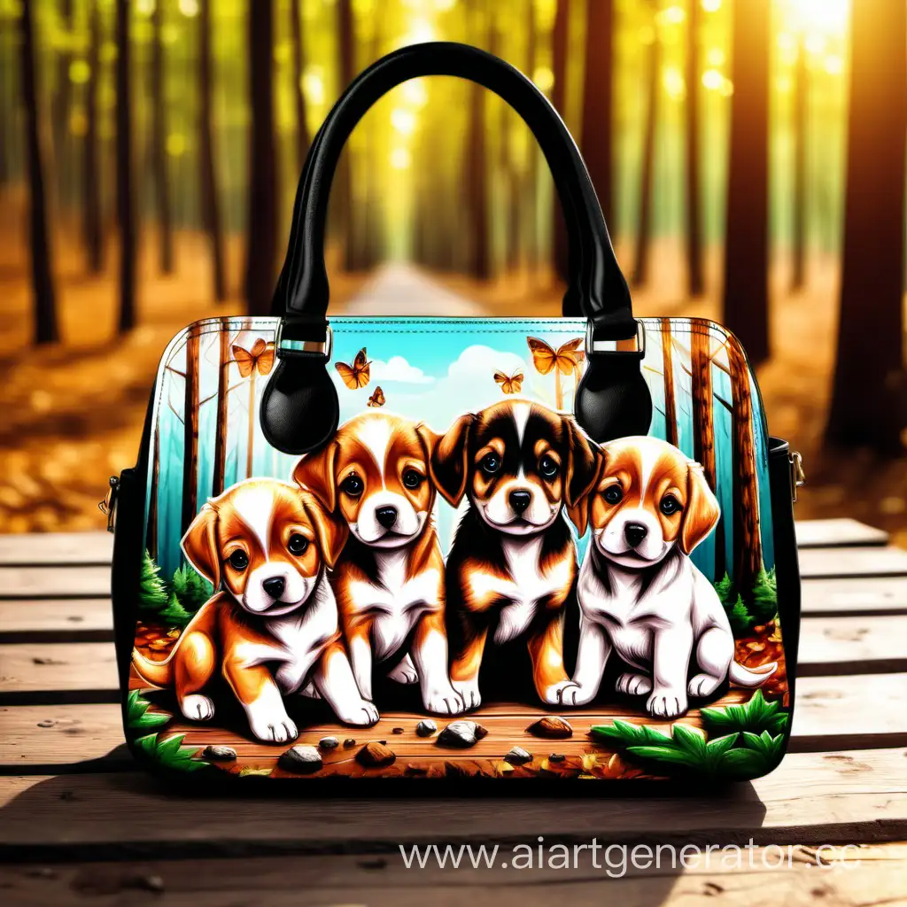 Милые щенята, нарисованные на женской сумке. Сумка лежит на деревянном столе в лесу, погода ясная, солнечная. Краски теплые. 
