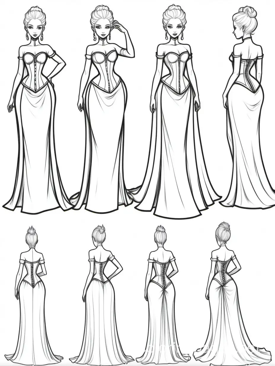 character study, ICEQUEEN, WHITE hair, up do hair, CORSET GOWN, multiple poses, full body, half body, quarter body, arms in poses, hair up and hair down, artist canvas, annotations, Coloring Page, black and white, line art, white background, Simplicity, Ample White Space. The background of the coloring page is plain white to make it easy for young children to color within the lines. The outlines of all the subjects are easy to distinguish, making it simple for kids to color without too much difficulty