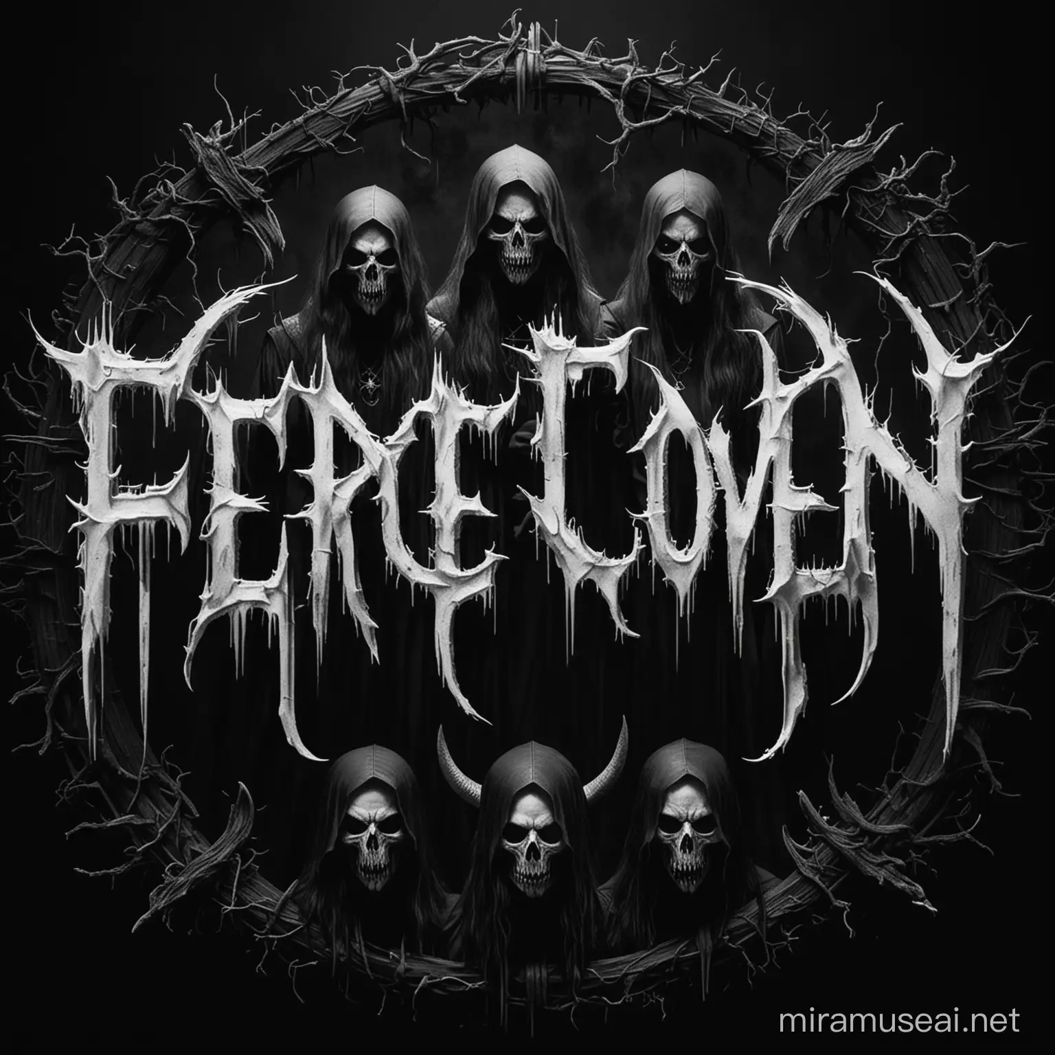 Fierce coven text logo of black metal group white letters on a black background lettering creepy