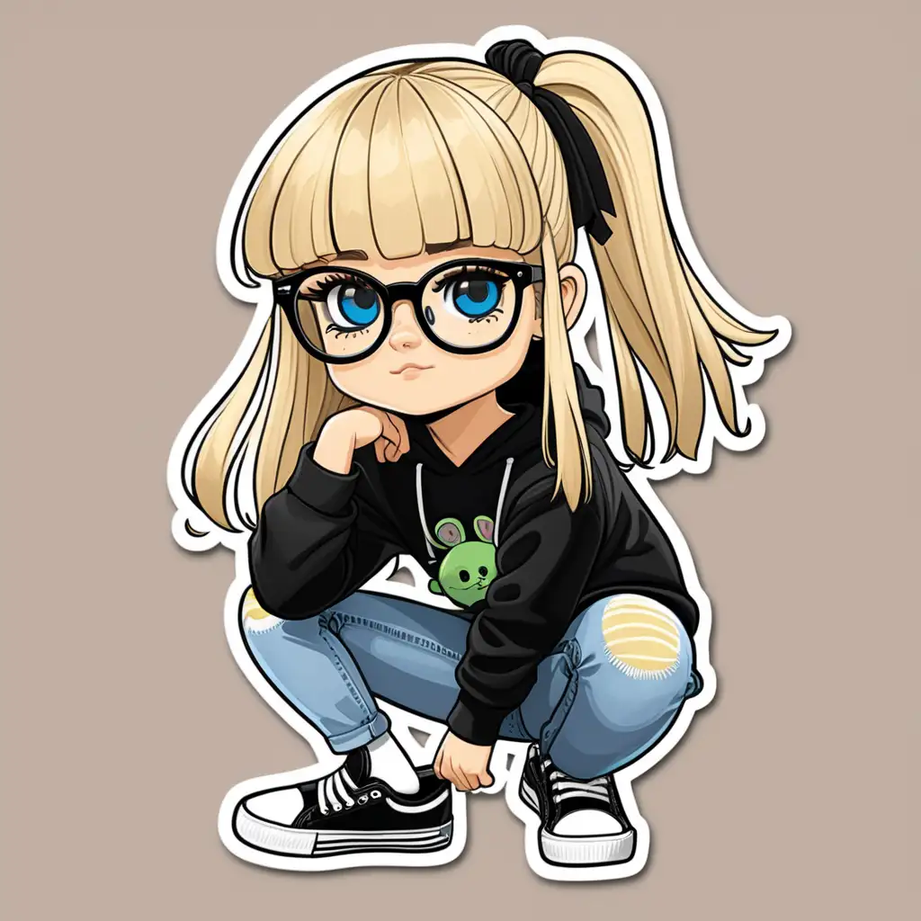 Create a sticker of a blonde girl with bangs, blue eyes,  black glasses, in jeans, black tennis shoes, a sweatshirt with a cartoon Grogu on it 