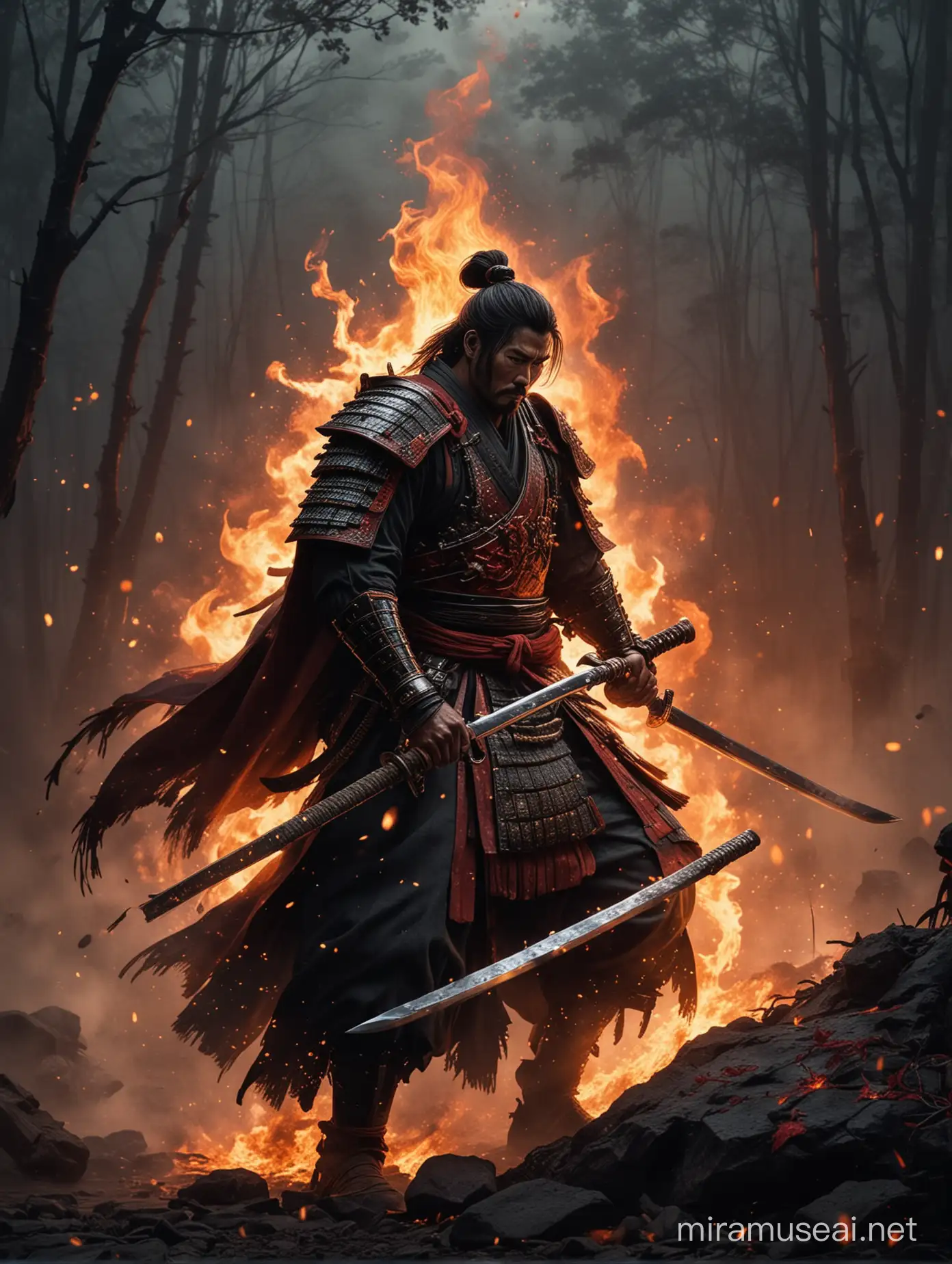 Amidst the swirling mists of a moonlit battlefield, a lone figure emerges, clad in armor of deepest crimson and shadowy black. This is the Samurai of Flames, a warrior whose very presence commands respect and strikes fear into the hearts of his enemies.

His armor, forged from the finest metals and adorned with intricate designs, gleams in the dim light, reflecting the flickering flames that dance across its surface. Each piece is a testament to the craftsmanship of generations past, imbued with the spirit of honor and strength that defines the samurai tradition.

In his hand, the Samurai wields a blade of tempered steel, its edge shimmering with an ethereal glow. With a single stroke, he summons forth the power of fire, the flames licking hungrily at the air as they dance along the length of his blade.

Across the battlefield, his opponent stands, a formidable adversary whose resolve matches his own. But the Samurai does not waver; he is a master of his craft, a warrior trained in the ways of bushido, the samurai code of honor.

With a fierce battle cry, the Samurai charges forward, his sword ablaze with the fury of a thousand suns. His opponent meets him head-on, their weapons clashing with a thunderous roar that echoes through the night.

But the Samurai is undeterred; he fights with the skill and precision of a true master, his every movement calculated and deliberate. With each strike, he unleashes the power of fire, the flames consuming his enemies with a relentless fury.

As the battle rages on, the Samurai remains resolute, his determination unyielding even in the face of overwhelming odds. For he knows that he fights not just for victory, but for honor and justice, ideals that are worth any sacrifice.

And so, with fire in his heart and steel in his hand, the Samurai of Flames continues to fight, a beacon of courage and strength in a world consumed by darkness.
